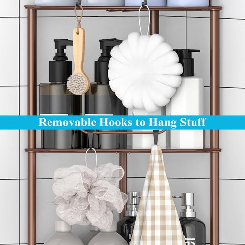 HuggieGems Corner Shower Caddy Organizer - 3 Tier Floor Standing Shelf with Hooks | Bathroom Storage Rack