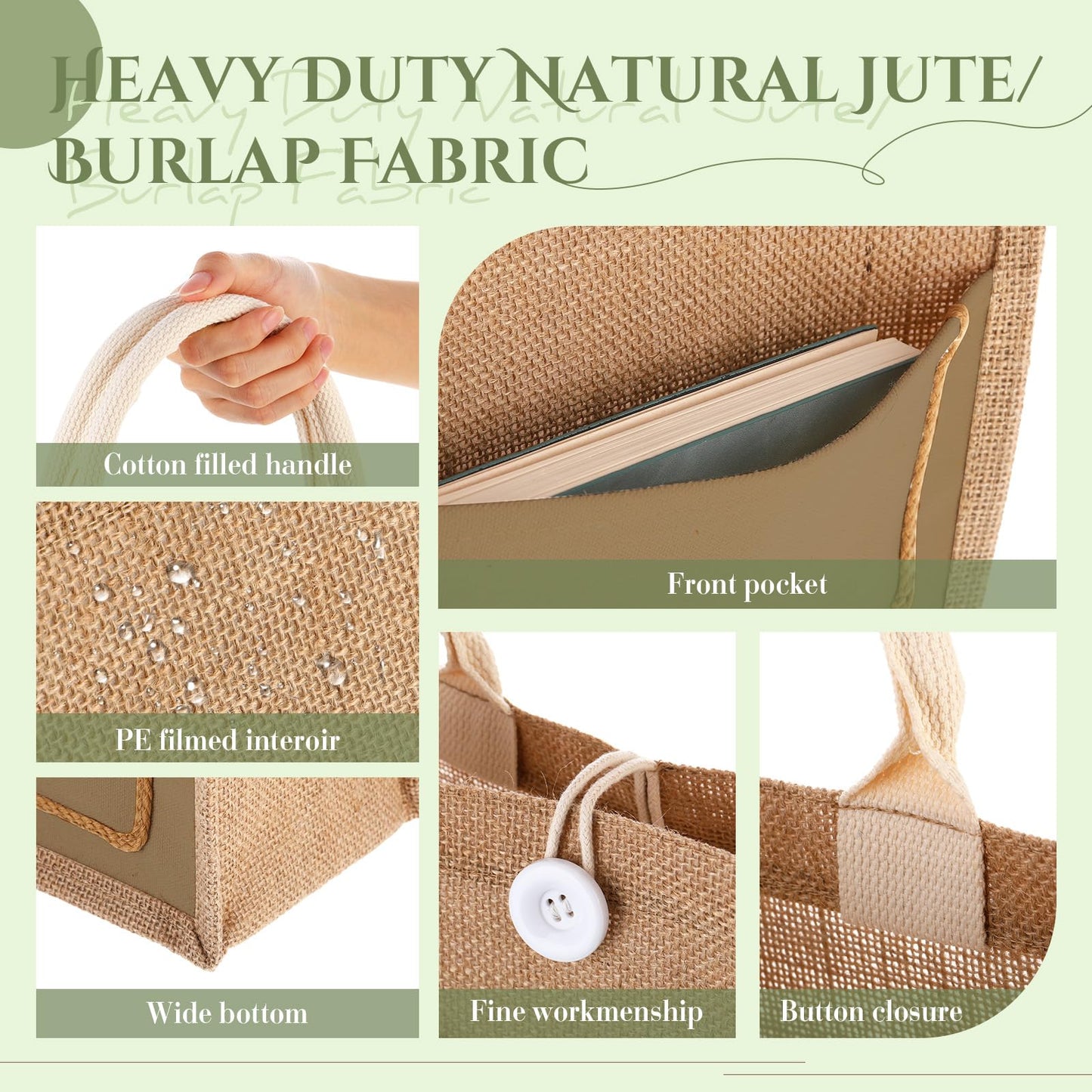 Reginary 16 Pcs Jute Burlap Totes Jute Tote Bags Reusable Burlap Beach Bags with Handle for Wedding Gifts, 11.8 x 7.87 x 5.5(Khaki,Classic)
