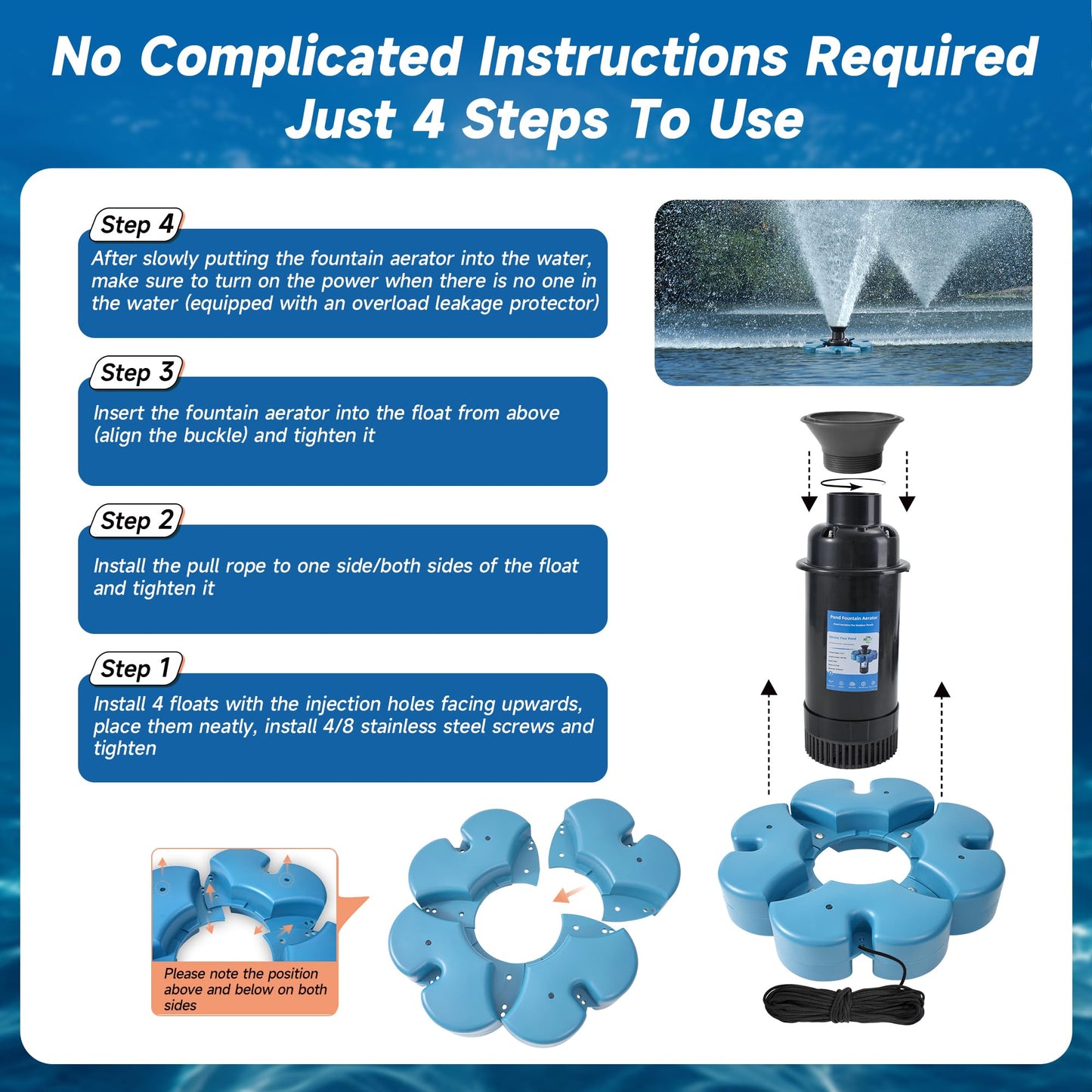 RELIY Pond Fountain Aerator, 1HP 110V 15000 GPH Fountain Pump, Fully Automatic Powerful Lake Floating Fountain, 100 FT Power Cord, 2x100 FT Traction Rope, Pond Fountains For Large Ponds