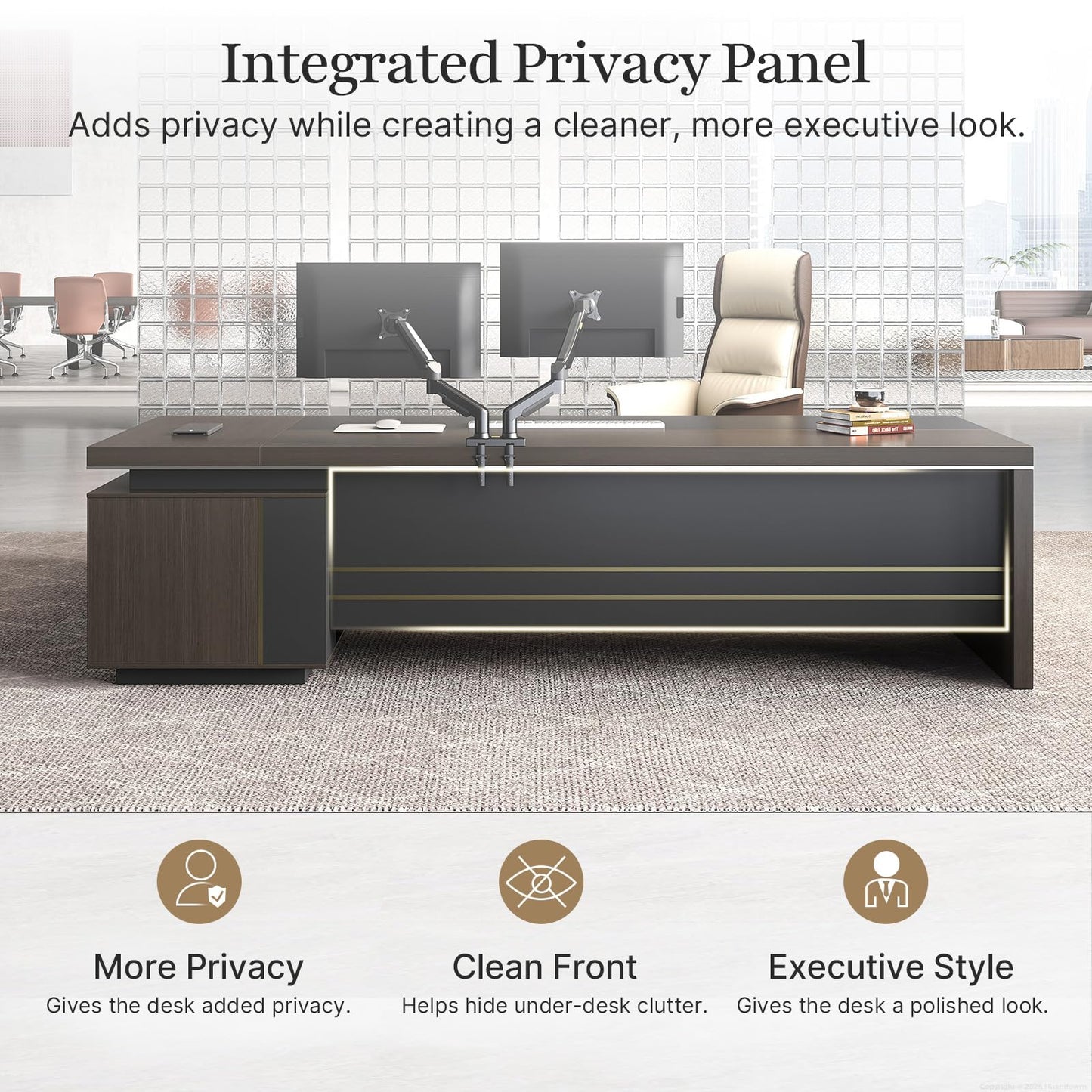 Huariifowm 79" L-Shaped Executive Desk with Reversible Return, Large Office Desk for Manager Office, Power Hub with USB-C HDMI RJ45, 3-Digit Lock Drawer, Storage Shelves and Privacy Panel, Gray Walnut