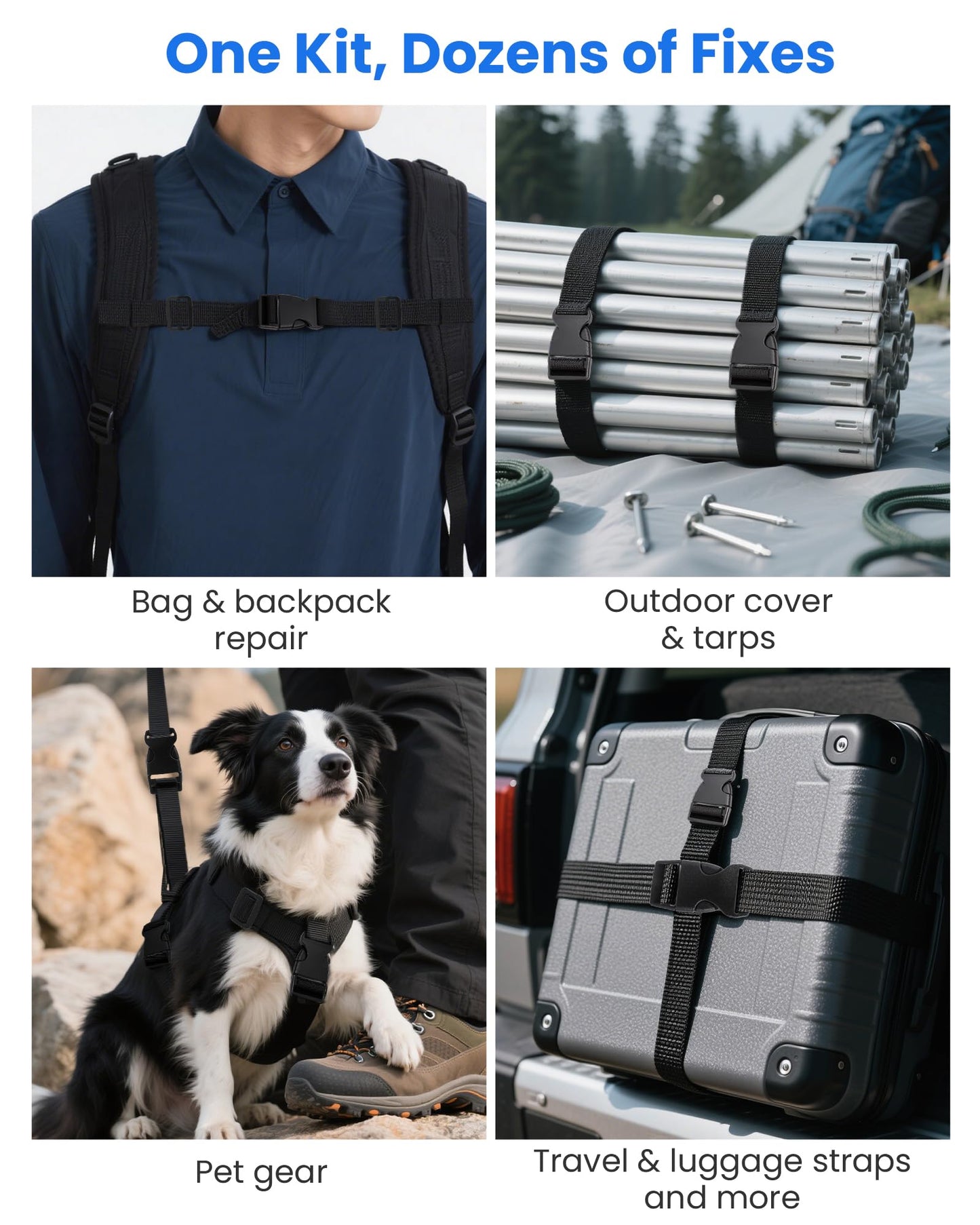 Buckle & Strap Kit - 6 Yards 1 Inch Wide Polyester Webbing Stronger Than Nylon, 6 Plastic Quick Release Buckles & 12 Triglide Clips, Adjustable Extender Straps for Backpack, Dog Collar, Fanny Pack