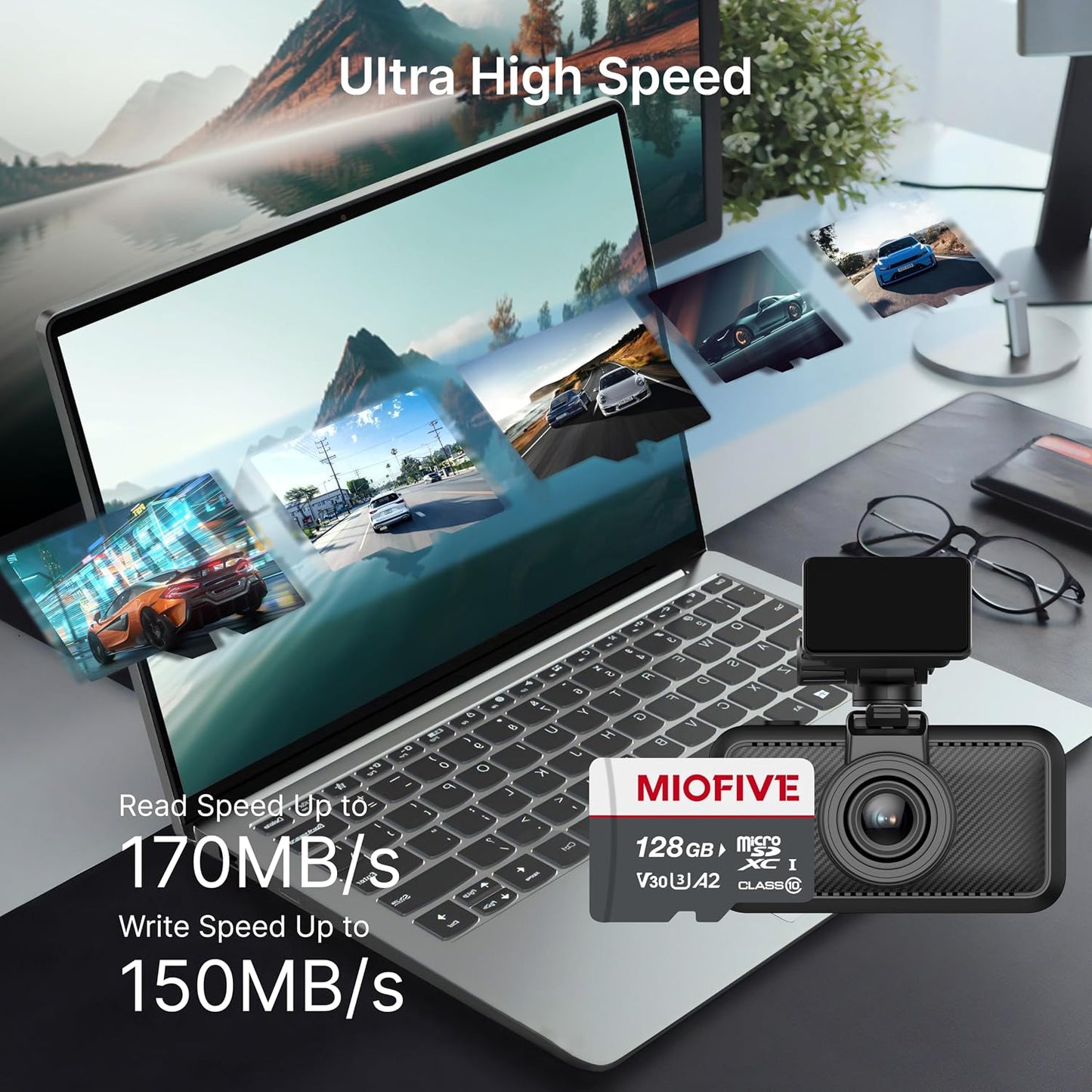Miofive 3.0 170MB/s, C10, U3, A2, V30, 4K (128GB) Memory Card - Ultimate Micro SD Card with USB Type-C Card Reader
