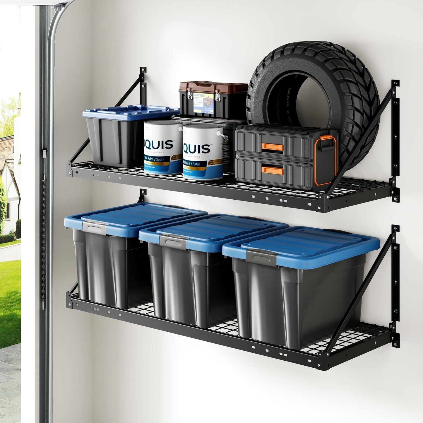 FLEXIMOUNTS 2-Pack 2x4ft Garage Wall Shelving - Heavy Duty Garage Storage Rack, 660lbs Load Capacity with Brace Guardrail, Organization System for Tools, Bins, Utility Room, Pro Series