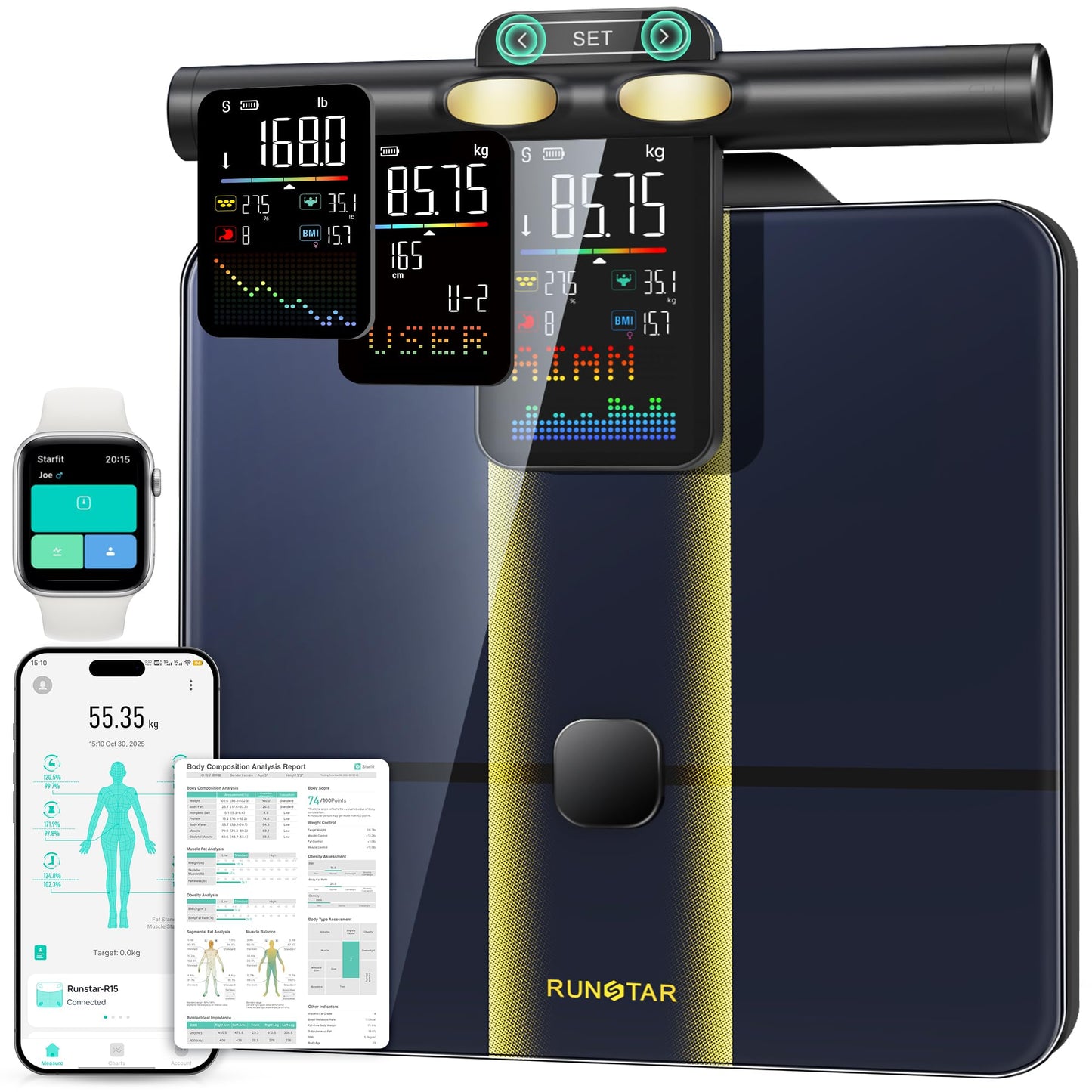 RunStar Smart Scale for Body Weight, 8 Electrodes High Precision Digital Bathroom Scale with Set Functions Handle, Body Composition Scale for 28 Metrics 400lbs, Blue-Black