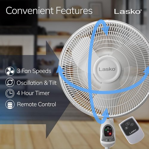 Lasko 16-Inch Oscillating Pedestal Stand Fan - Adjustable Height, Timer & Remote Control | White