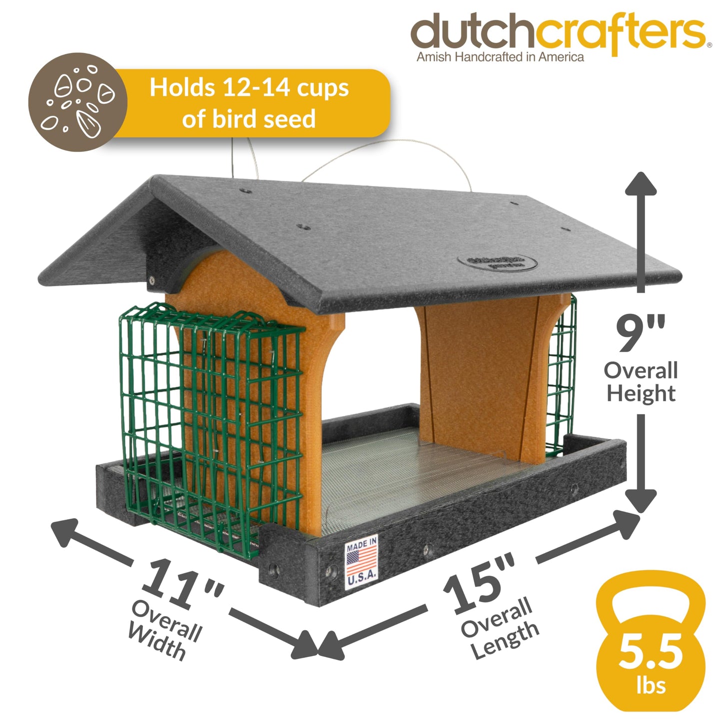 DutchCrafters Poly Hanging Large Hopper Bird Feeder with Two Suet Cake Holder Cages, Durable Long Lasting Outdoor Bird Feeder - Amish American Made in USA (Black & Cedar)