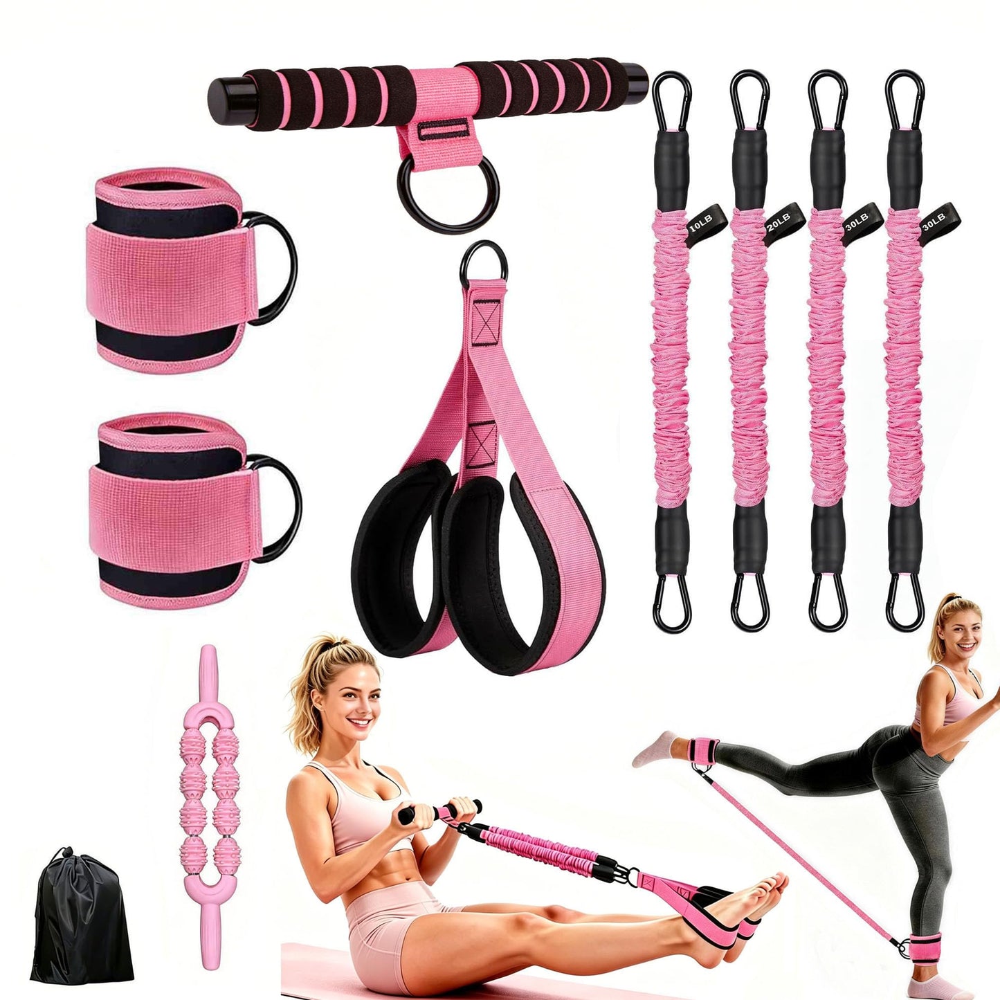 Pedal Resistance Band with Handle, 4 Fabric Covered Tubes 10-90 lbs Exercise Bands with Ankle Straps, Includes Massage Roller & Carry Bag, Full Body Home Gym Workout Equipment for Women and Men