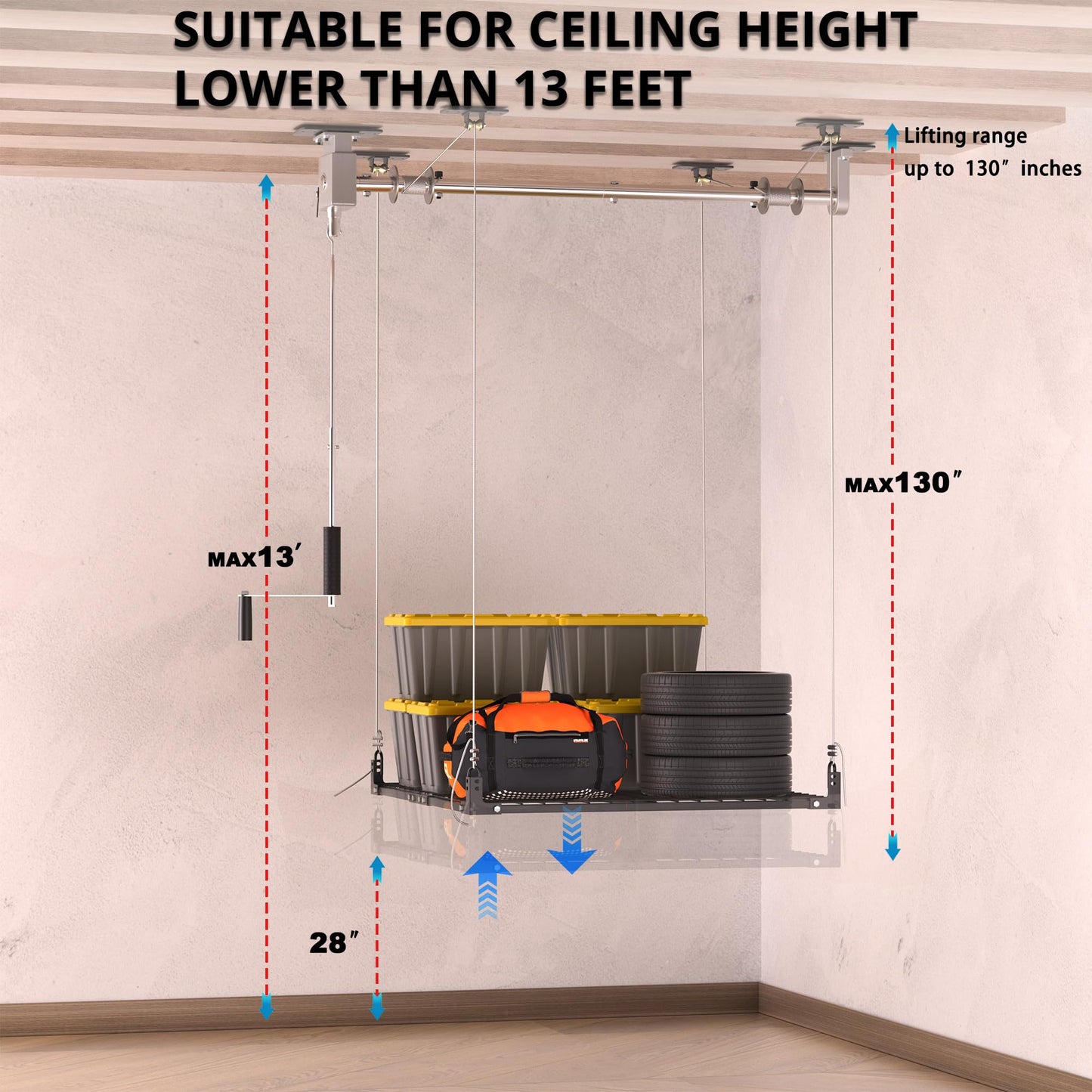 UODENGA Overhead Garage Storage Rack,4x4FT Ceiling Storage Racks with Secure Lock,Garage Storage Lift System for Easy Up Down,Industrial Elevator Lift Holds 400 Lbs