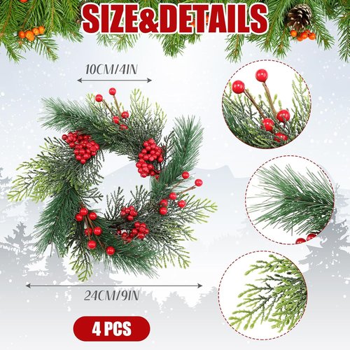 Knitgrip Mini Christmas Candle Rings - 4 Pcs Red Berry Pinecone Wreaths for Holiday Decor | Table Centerpiece