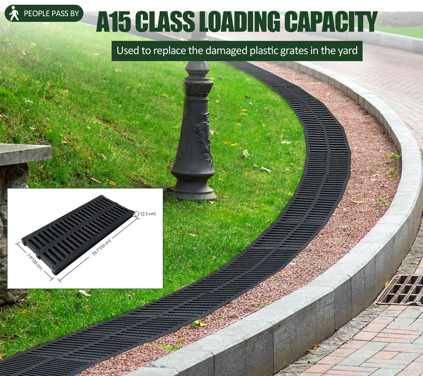 Natotela A15 6 Pack Polymer Plastic Channel Drain Grate-19.7x7.9x1 in Durable Trench Cover,Total Length 118 in Polymer Drain Strainer,Outdoor Drain Grates for Yard Sidewalk Patio Houseside