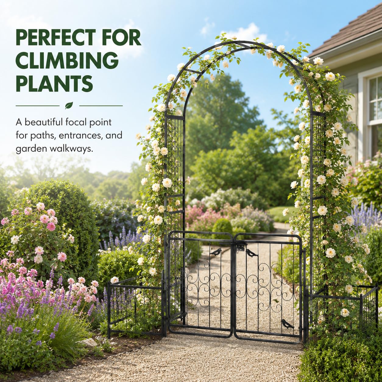 ELOMBR 7.2FT Metal Garden Arch Trellis, Heavy Duty Metal Garden Arbor with Door&Planting Frame for Climbing Plants Outdoor, Double-Layered Trellis Arch for Wedding Ceremony Party, Black, 16mm