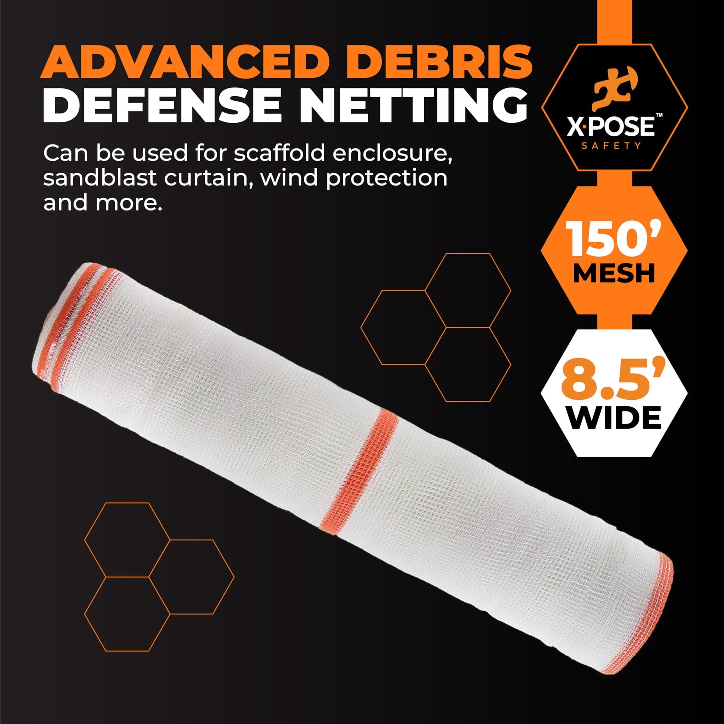 Xpose Safety Construction Safety Netting – 8.5' x 150', 1/4" Mesh Scaffold Safety Net, Temporary Material Roll, Visibility Fence, Heavy-Duty Fire Retardant, White