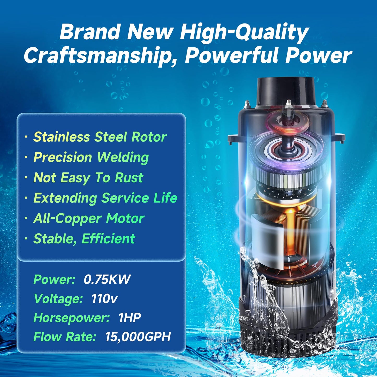 RELIY Pond Fountain Aerator, 15000 GPH 110V 1HP Fountain Pump, Fully Automatic Powerful Lake Floating Fountain, 100 FT Power Cord, 2x100 FT Traction Rope, Pond Fountains For Large Ponds