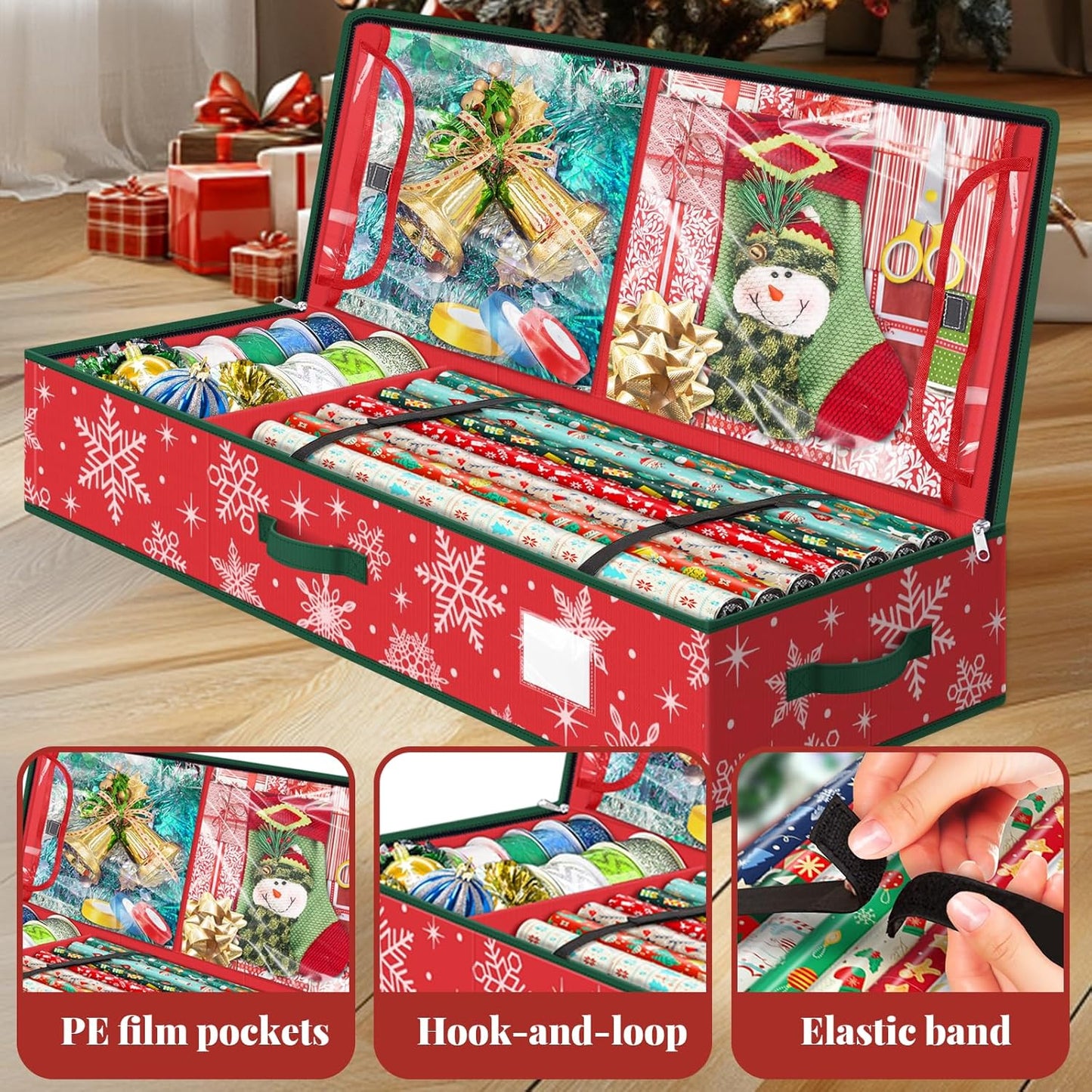 StorageRight Wrapping Paper Organizer - Holiday Gift Storage Box for Snowflake/Red Paper Ornaments