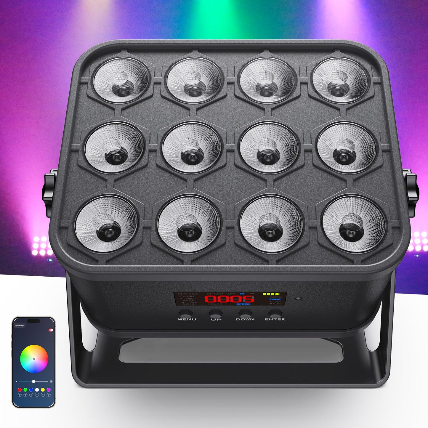 KeoBin 12x16W Rechargeable Par Lights, 8-Hr Battery Powered Uplights with DMX512/APP/Remote Control, RGBWA+UV Stage Lighting for DJ Shows, Party, Events