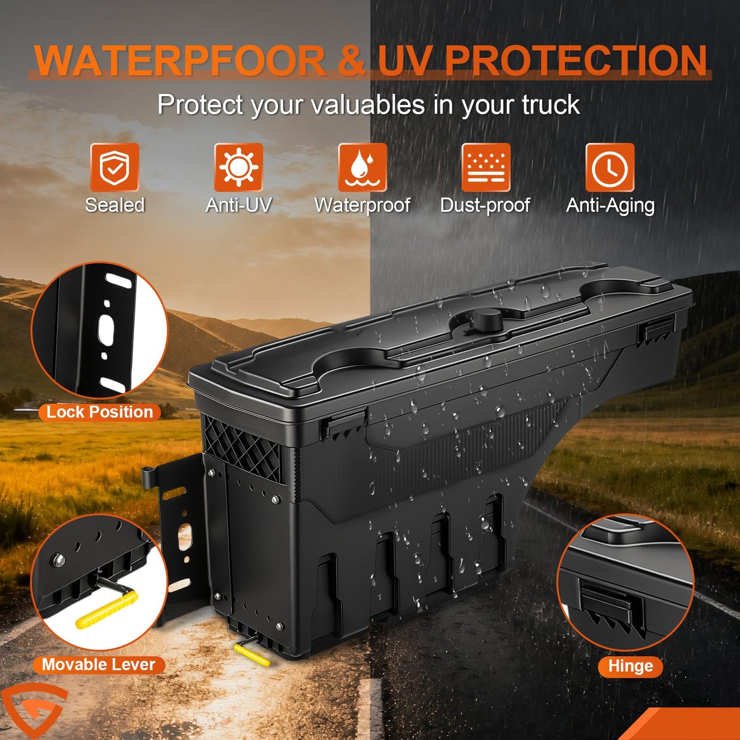 GEARLAST Truck Bed Storage Box With Password Lock For 2015-2025 Ford F-150, Drivers Side,30L, Black