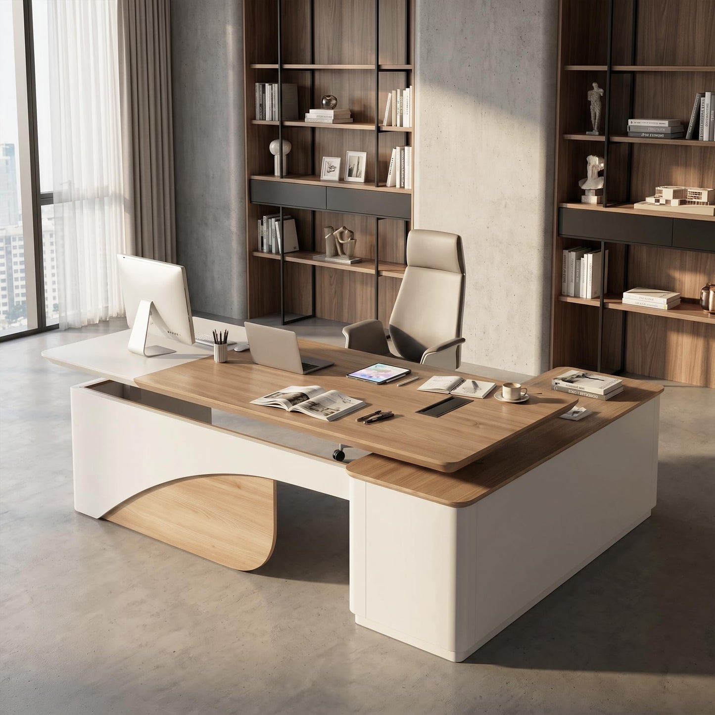 SAINTCY 86" L Shaped Standing Executive Desk with Drawers and Shelves,White Electric Adjustable Height Desk with Charging Station and Privacy Panel for Home and Office, Light Walnut