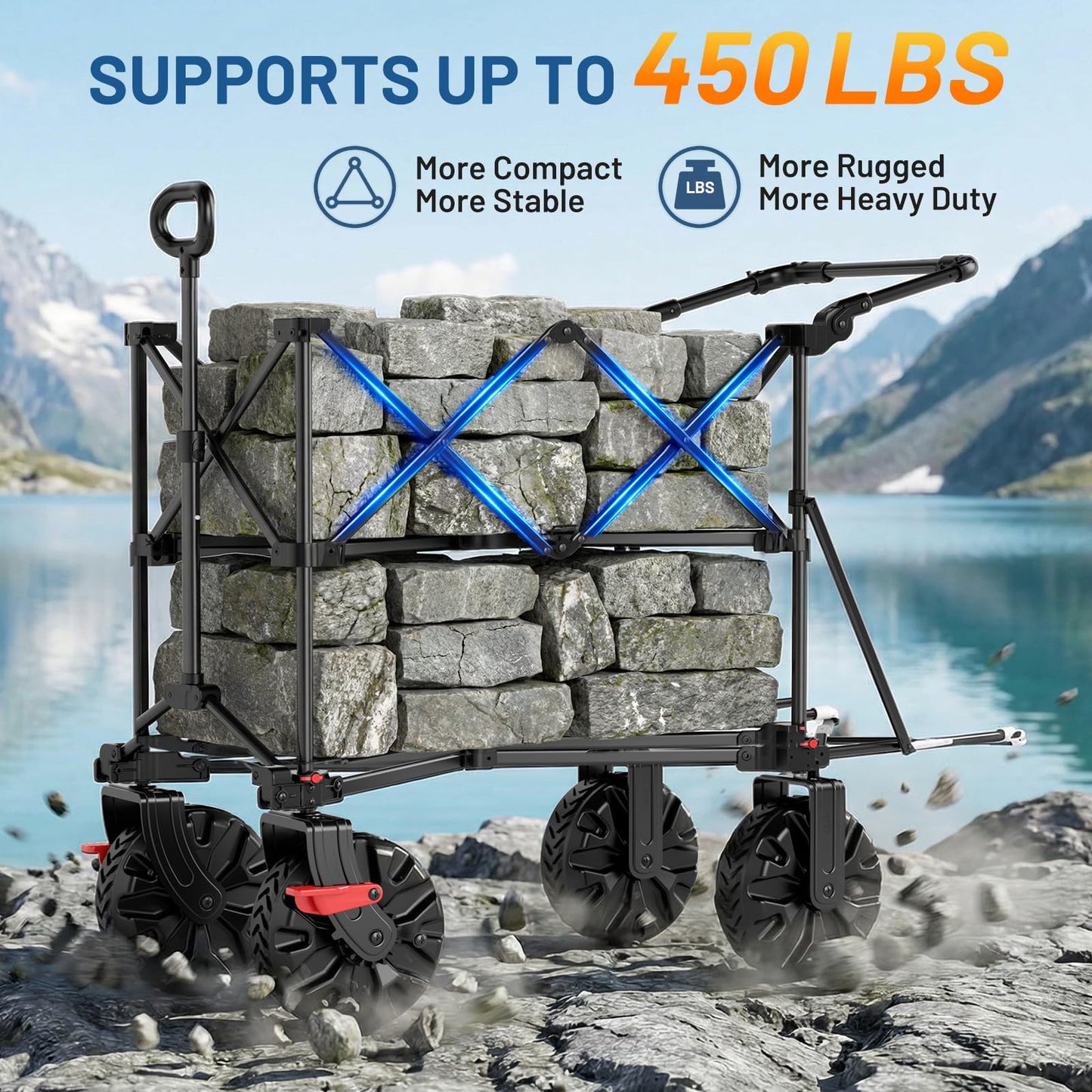 TIMBER RIDGE Push & Pull Double Decker Wagon, 400L Large Capacity Heavy Duty & 450lb Load, Collapsible Cart with All-Terrain Wheels & Brakes, 54” Extended Foldable for Sports, Beach, Camping, Blue