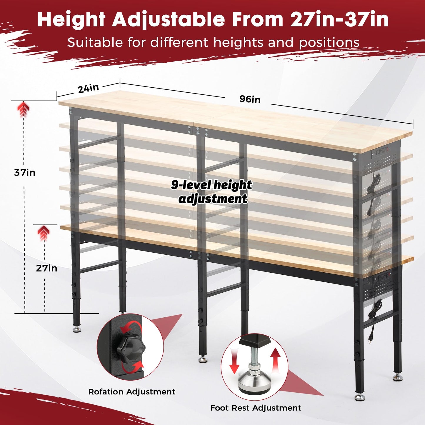 96" Adjustable Workbench with Rubberwood Top & Power Outlet, Large 96x24Inch 9-Level Height Range 27"-37", 5000 LBS Heavy Duty Capacity for Workshop, Office, Garage, Home