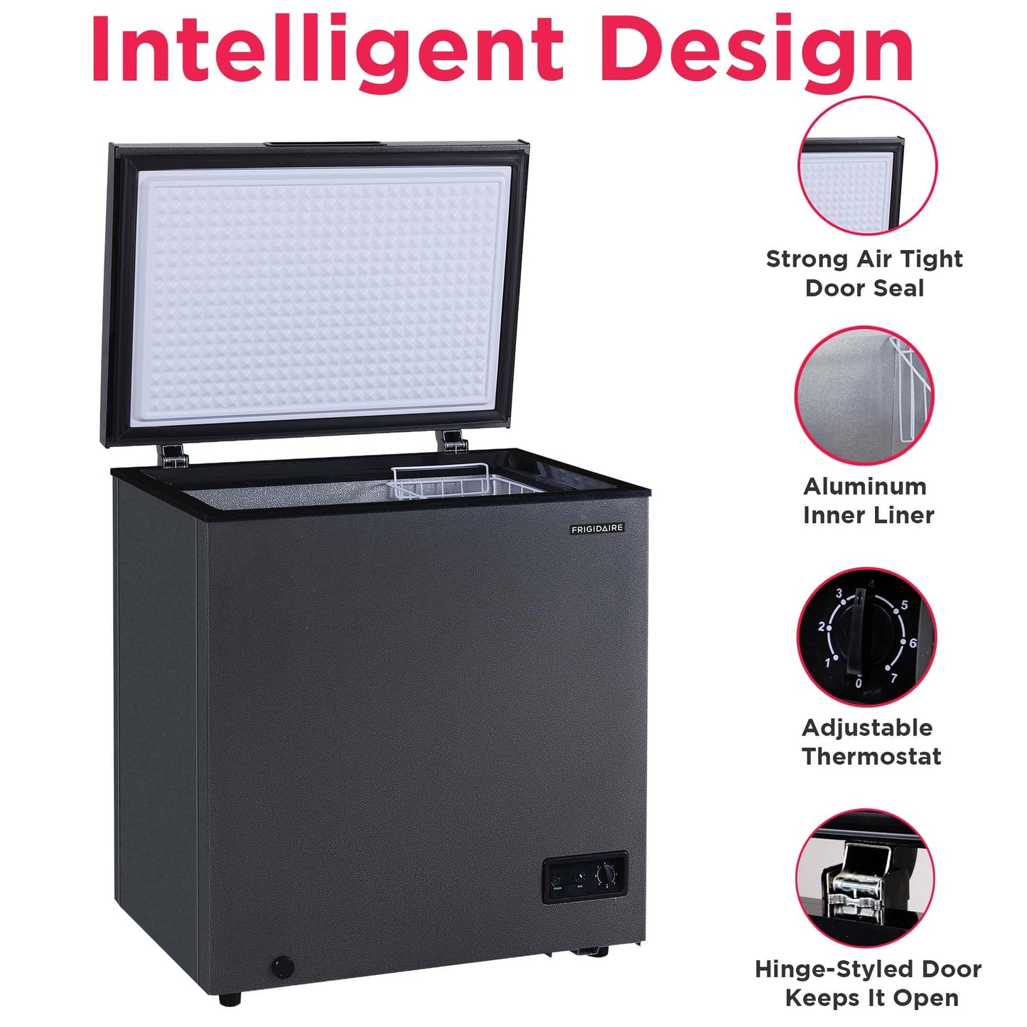 Frigidaire Chest Deep Freezer, 5 Cu. Ft. Capacity, Granita Rugged Design-Adjustable Thermostat-Removable Vinyl Coated Wire Basket-Easy Defrost Drain