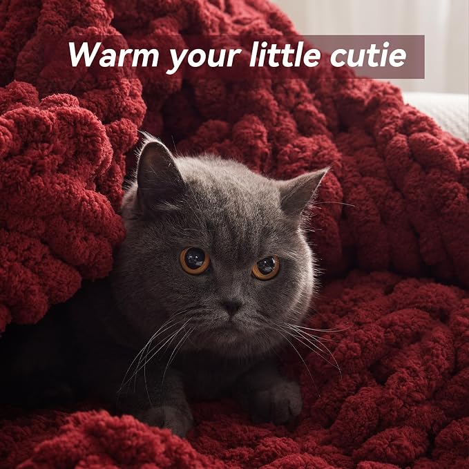 Negwoo Chunky Knit Throw Blanket, 80''*90'' Knitted Throw Chenille Yarn for Bed Couch, Handmade Red Crochet Big Thick Blanket, Machine Washable Cute Comfy Blanket for Home Decor