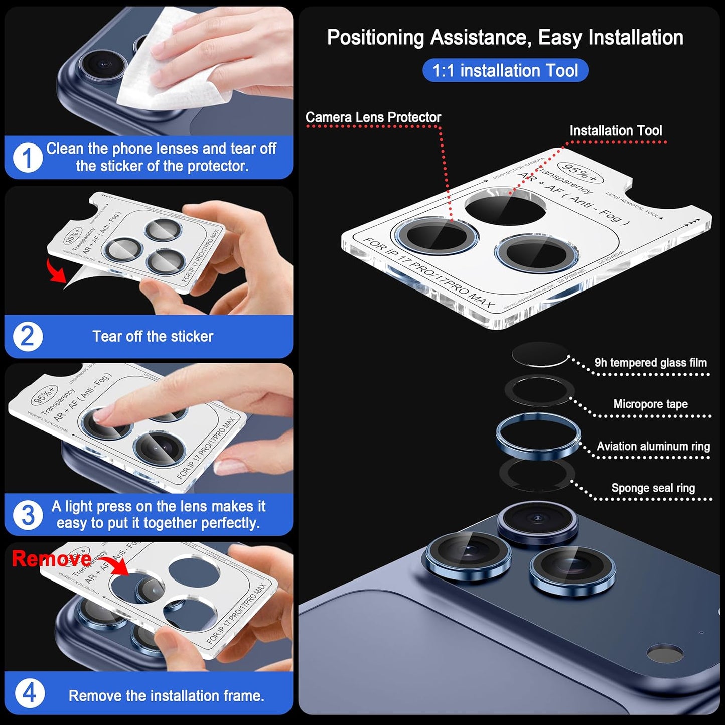 Casetego 17 17 Protector,9H for iPhone Pro Max/iPhone Pro Camera Lens Hardness,Scratch Resistant,Ultra-thin Tempered