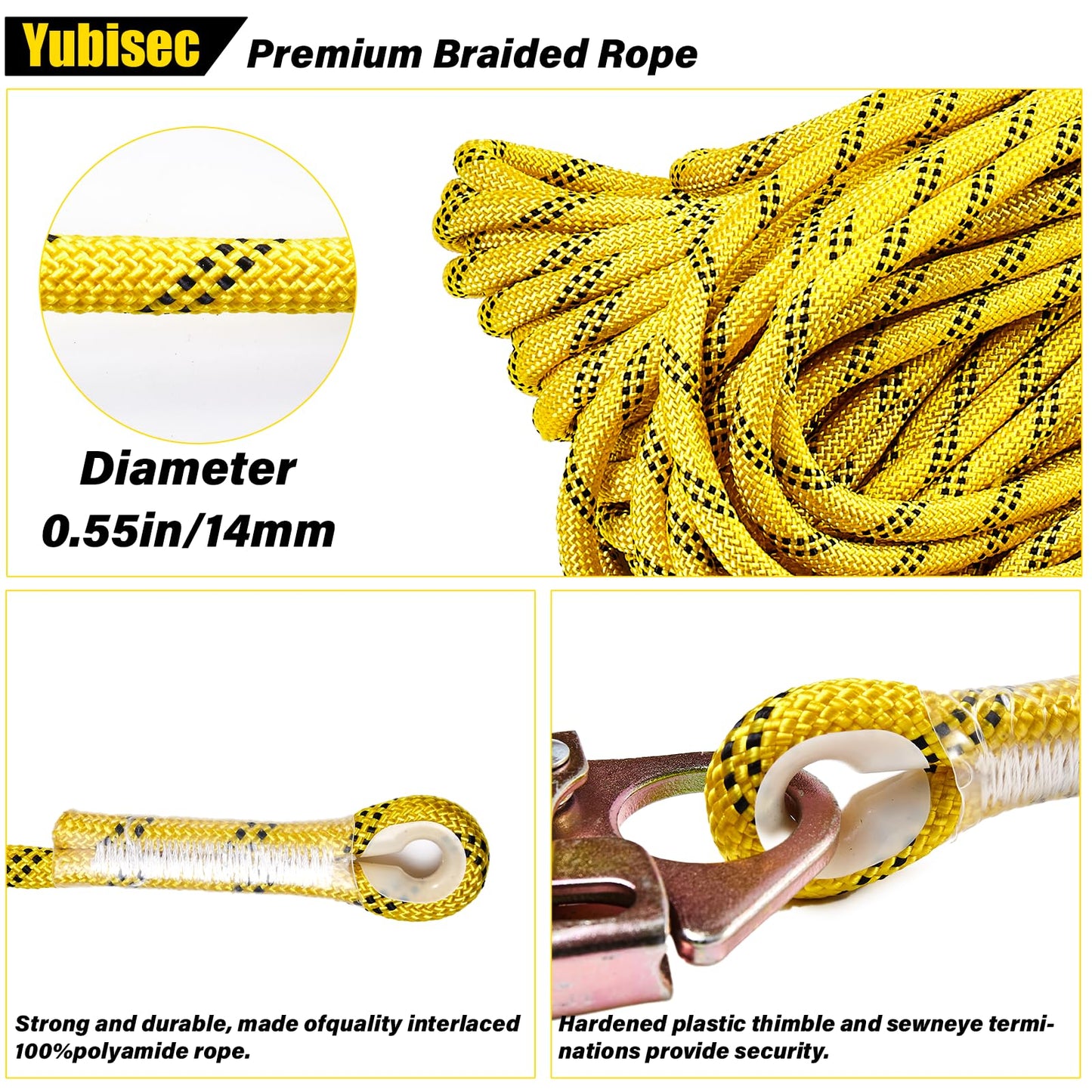 Yubisec Rope Harness Safety Lanyard 25FT, Vertical Lifeline Assembly with Grab Snap Hooks Shock Absorber, Fall Protection Tree Climbing Lifeline Kit, Heavy Duty Roof Safety Equipment ANSI CE