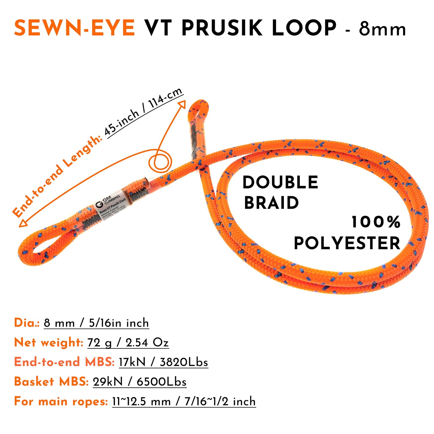 GM CLIMBING 8mm (5/16") Prusik Sewn Eye-to-Eye Pre-Sewn 45 inch