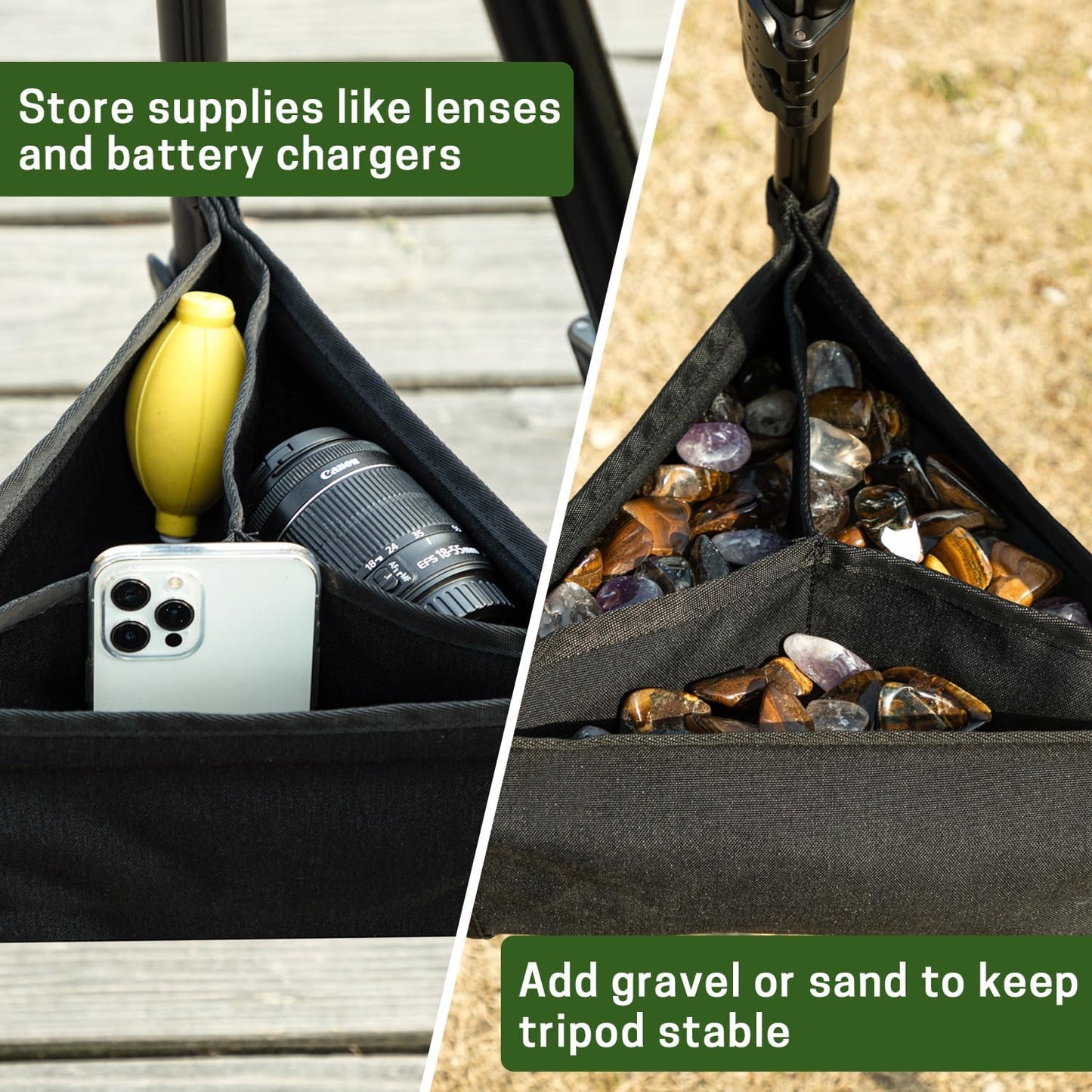 3 Tripod Stone Bag with Compartments, Heavy Duty Sand Bag for Photography, Black