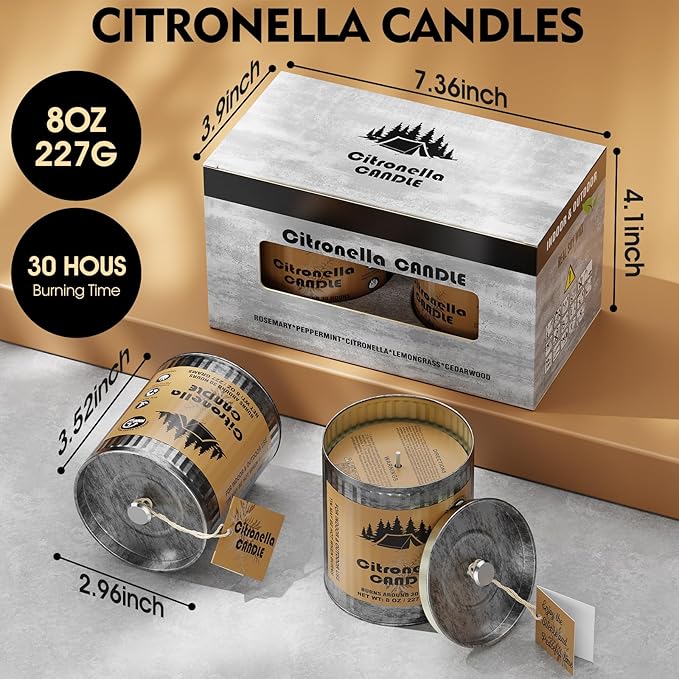 Citronella Outdoor Candle Set | 2-Pack 454g 80H Burn Time | Pure Soy Wax Jar Tin Outdoor Safety Candles for Camping Courtyard Garden | Smokeless Lemongrass Candles Gift for Men&Women