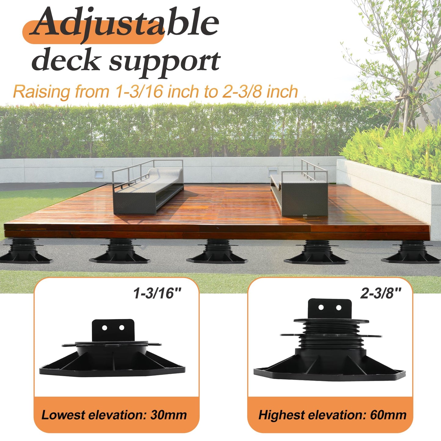 Adjustable Deck Support Plastic Pedestal Paver, 24 PCS, 1-3/16" to 2-3/8" Level Up Deck Support Pedestals, Shed Foundation Kit