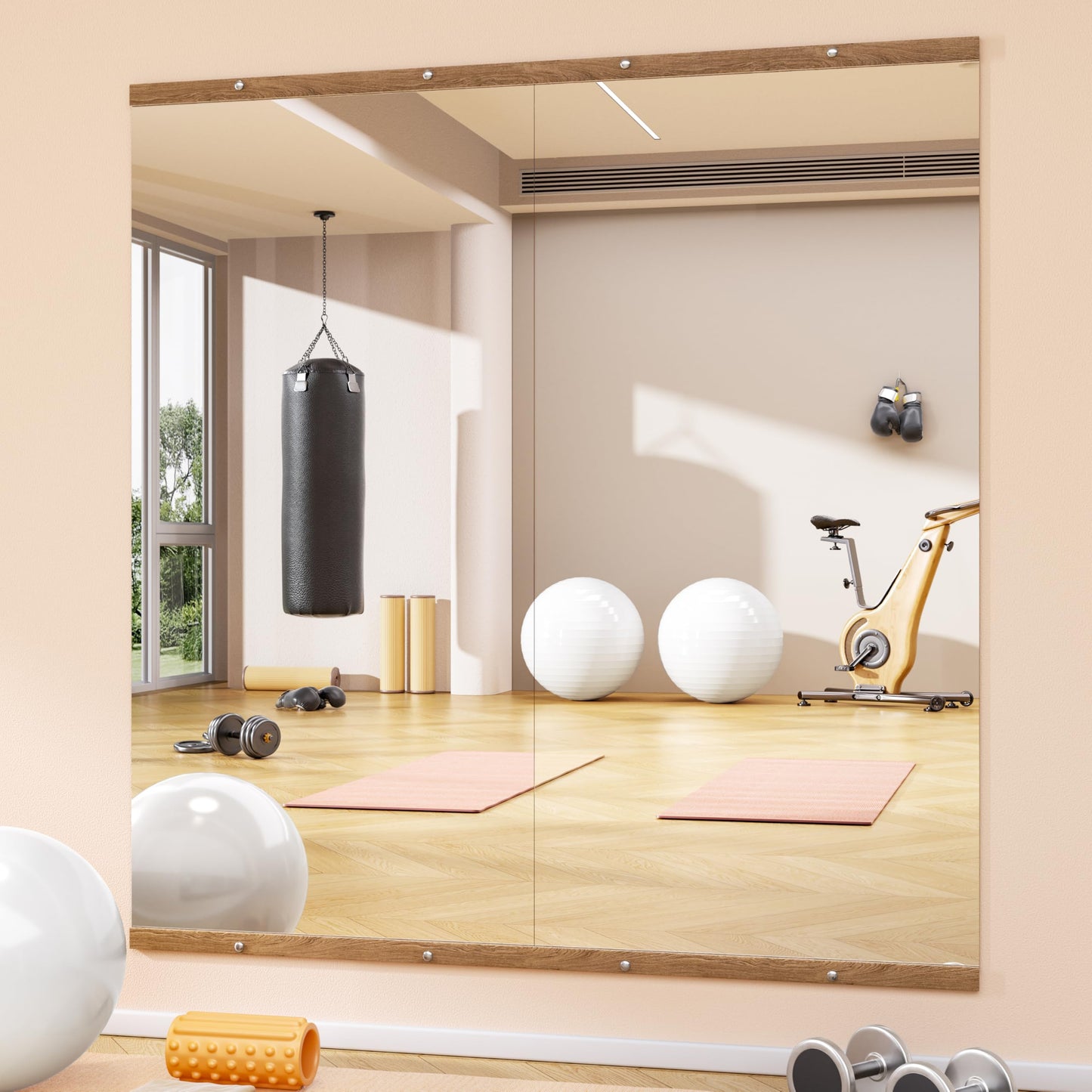 Hasipu 2Pcs 63''x28'' Home Gym Mirror Large Full Length Wall Mounted Full Body Mirror for Yoga Dance Fitness Exercise Studio Bedroom Garage, Frameless Tempered Glass Workout Mirrors Walnut Rectangular