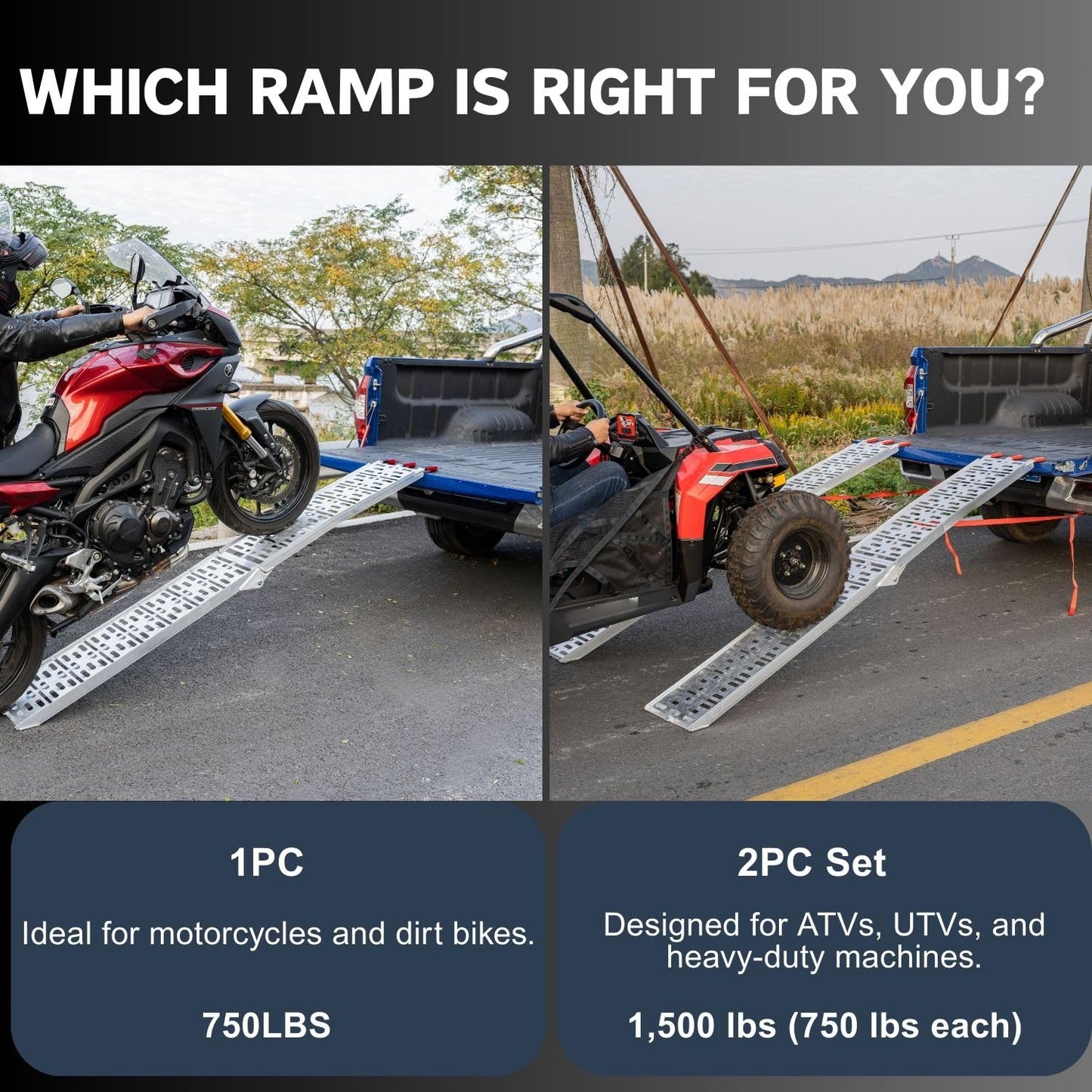 VENDAV Aluminum Motorcycle Ramp for Pickup Trucks, 7.5 ft Folding Dirt Bike Loading Ramp, Punched Plate Surface, 750 lb Capacity, Rubber-Tipped Fingers, Strap Included, 89 x 12 in, 1 Pc