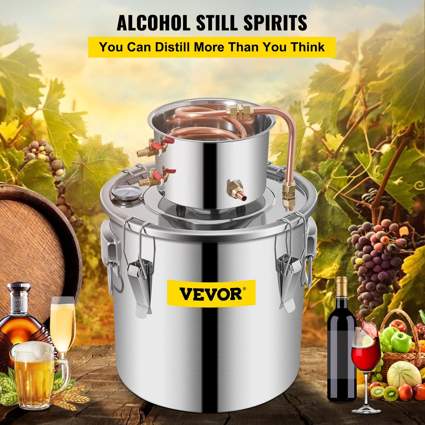 VEVOR Alcohol Still 8Gal/30L Alcohol Distiller Stainless Steel Distillery Kit for Alcohol With Copper Tube & Pump Home Brewing Kit Build-in Thermometer for DIY Whisky Wine Brandy