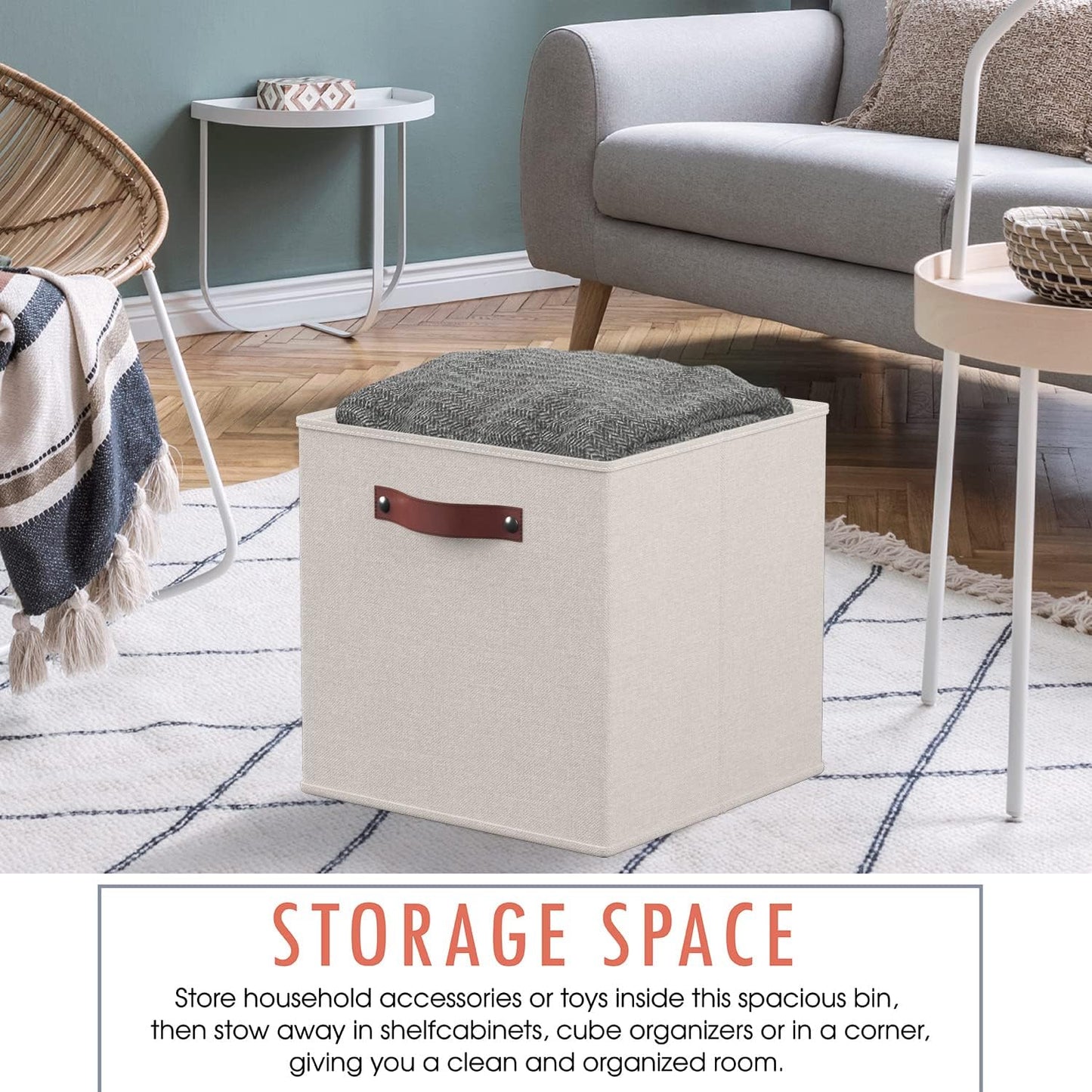 Ornavo Home Storage Cube Bins - Foldable Fabric Organizers with Leather Handles | 11x11 Inches, Beige, 6 Pack