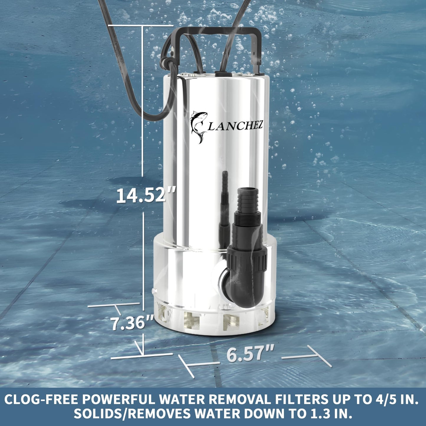 LANCHEZ 1.6HP 6000GPH Sump Pump, Stainless Steel High Flow Submersible Water Pump with Float Switch, Automatic Transfer Water Pump for Swimming Pool Basement Flooded Pit Sewage Sink Tub, Silver