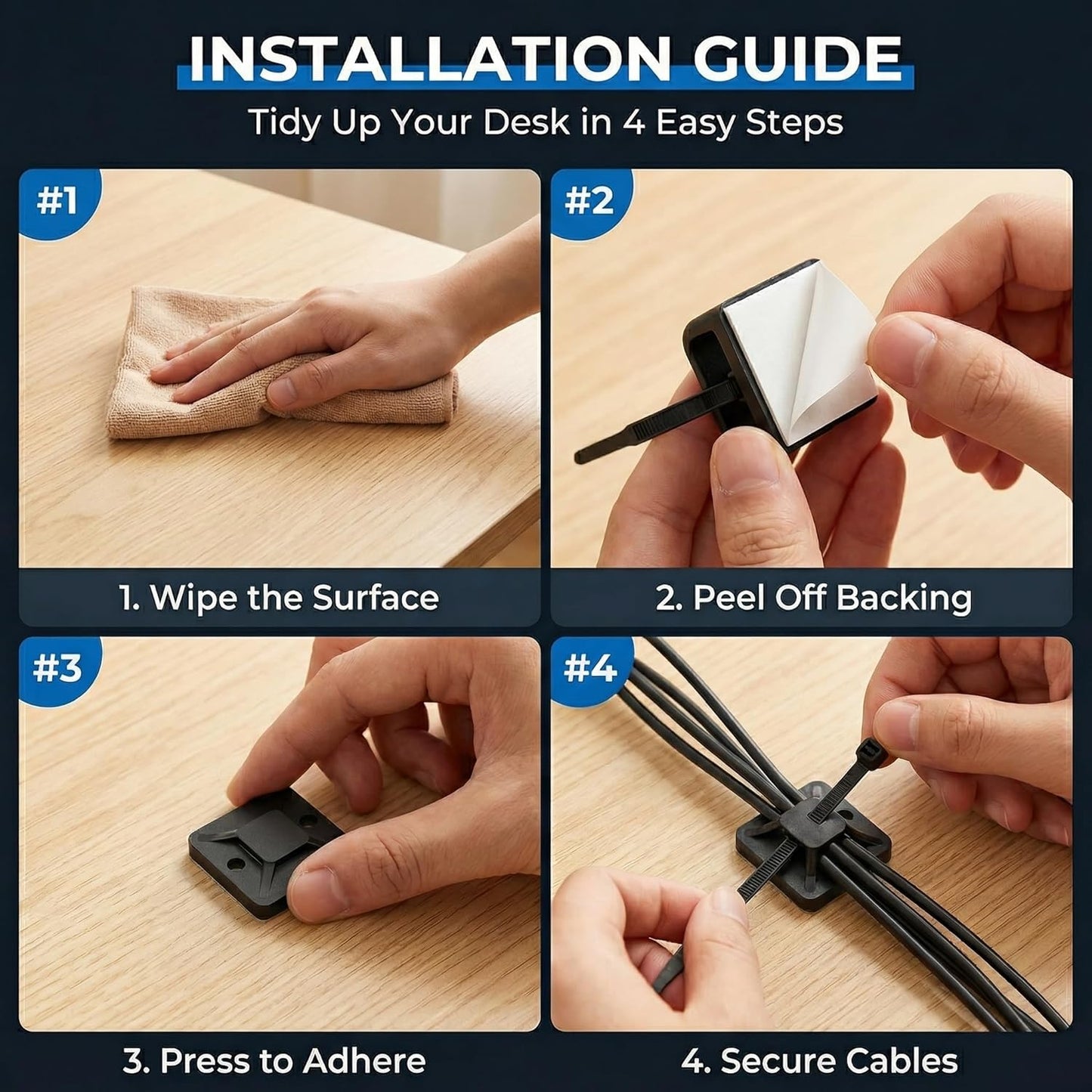 SeuYeugX 100PCS Set Zip Tie Mounts - Cable Self Adhesive Mounts for Wire Management with Stick Pads Anchors Clips