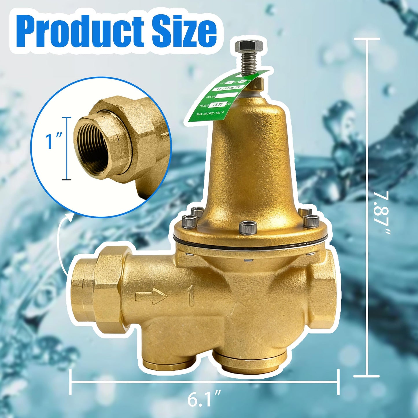 LF25AUB-Z3 1" Water Pressure Reducing Valve,Lead-Free Cast Copper Silicon Alloy,NPT Female Union x NPT Female Outlet,Polymer Seat, Adjustable Pressure 25 to 75 psi, Maximum 300 psi