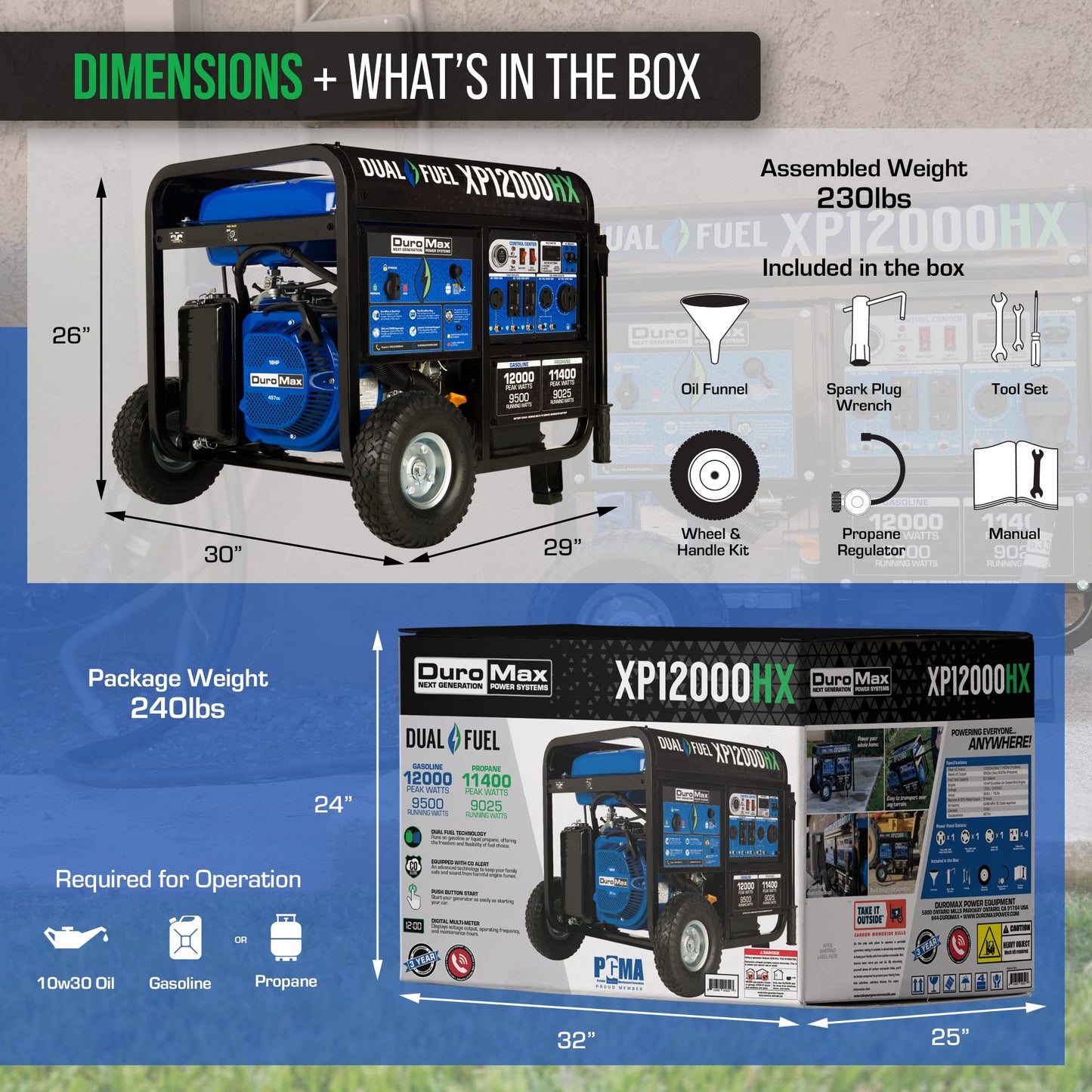 DuroMax XP12000HX 12,000-Watt Dual Fuel Portable Generator - Gas & Propane, Electric Start, Whole Home Power Backup, Transfer Switch Ready, RV & Emergency Ready