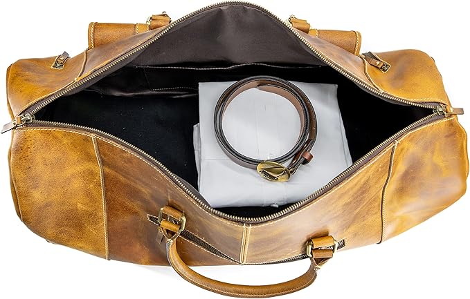 KomalC 24 Inch Leather Duffel Bags for Men and Women Full Grain Leather Travel Overnight Weekend Leather Bags Sports Gym Duffle for Men (Tan with Shoe pocket)
