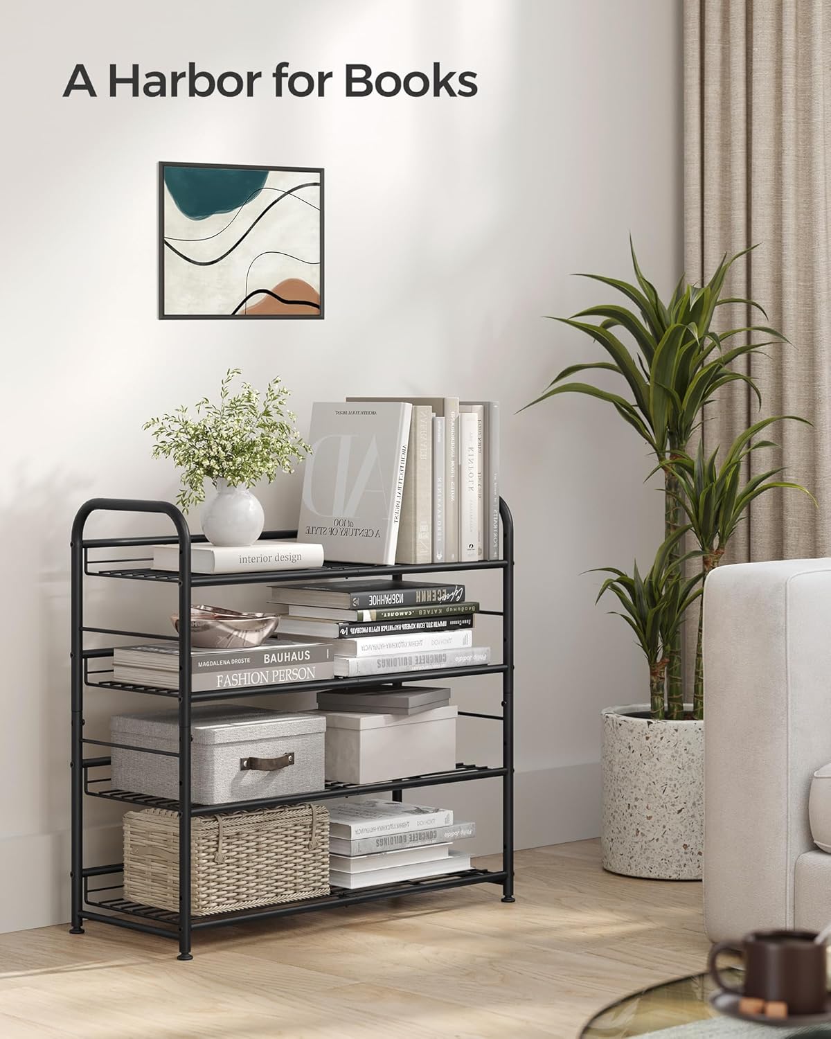 SONGMICS 4-Tier Stackable Shoe Rack - Adjustable Metal Storage Shelf for 16 Pairs | Black