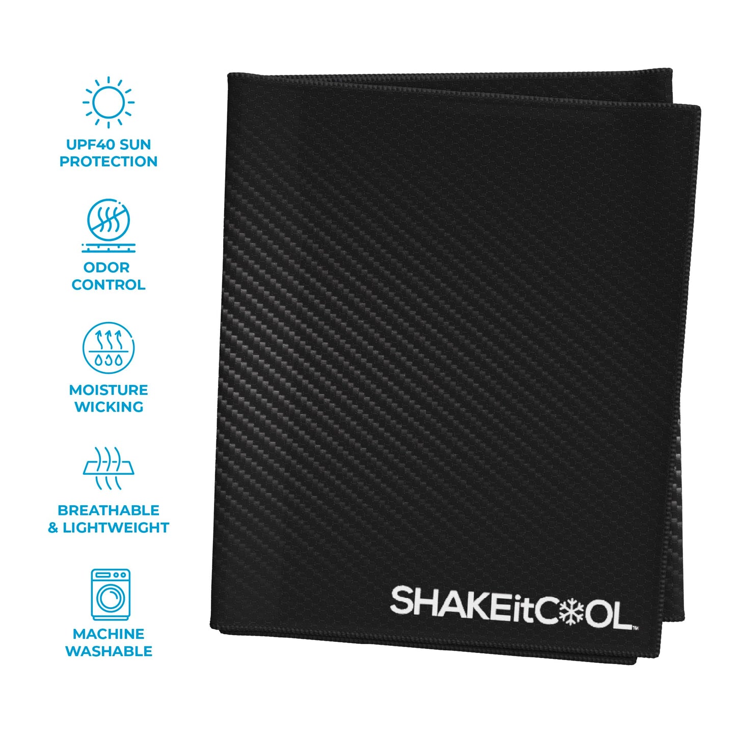 SHAKEitCOOL Extended Size Cooling Towel – Be Cool in Style - Heat Relief, Soft, Lightweight, Sun Protection, Easy Clean - Perfect for Biking, Hiking, Running, Yoga, Golf, Gardening - Carbon Fiber M
