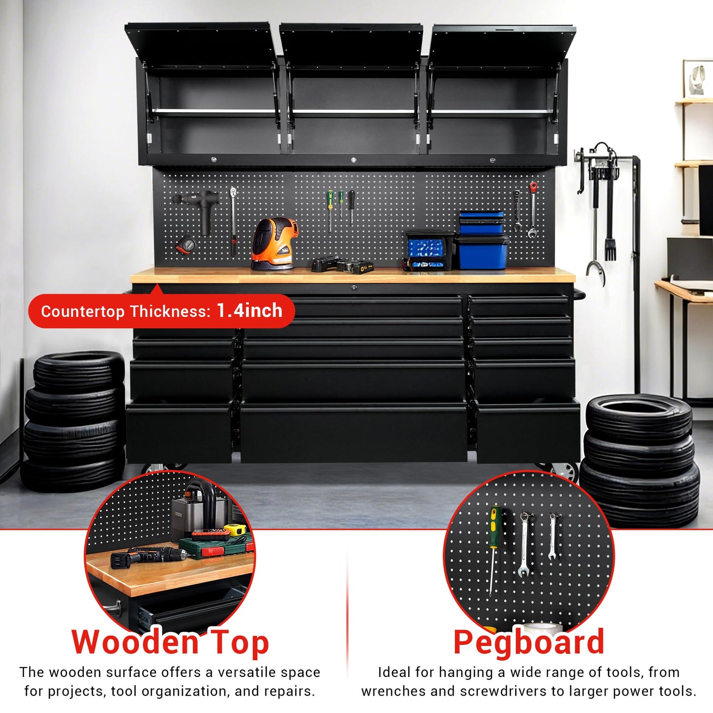 CT Copper Tailor 72-inch Tool Chest Cabinet Rolling Garage Workbench with 15 Storage Drawers and Wheels, 3 Upper Cabinet, Pegboard, Steel Large Tool Box,Matte Black