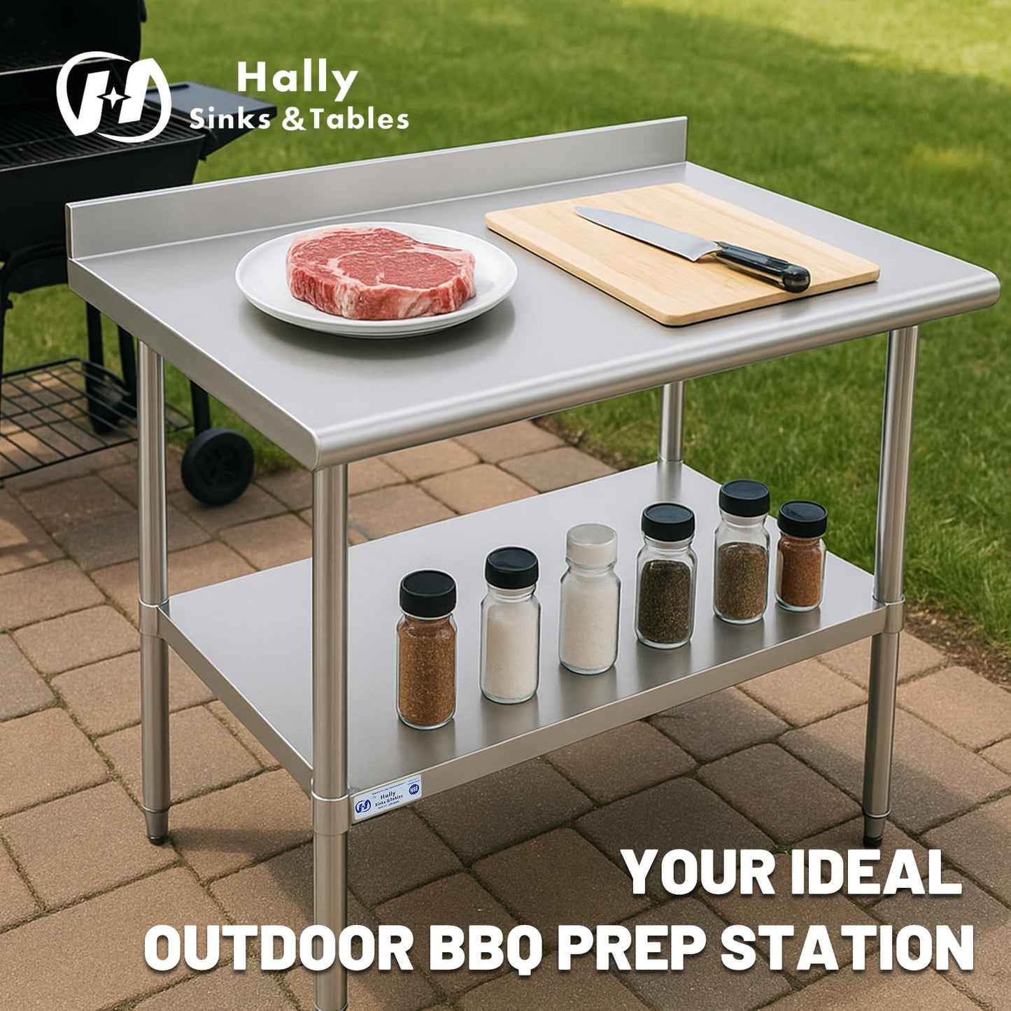 Hally Stainless Steel Table for Prep & Work 24 x 48 Inches, NSF Commercial Heavy Duty Table with Undershelf and Backsplash for Restaurant, Home and Hotel