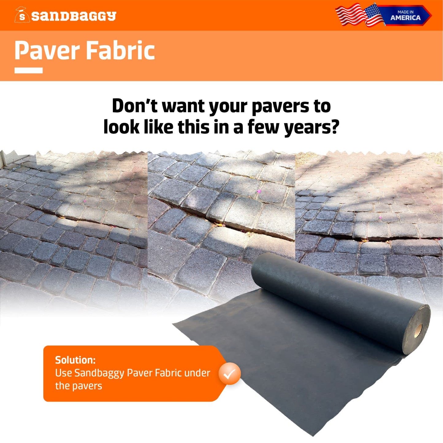Sandbaggy Paver Underlayment Fabric 8 oz | for All Types of Pavers | Made in America | 50 Year Fabric | 2X Thicker Than Competition | UV Protected Industrial Grade Fabric (10 ft x 100 ft Roll)