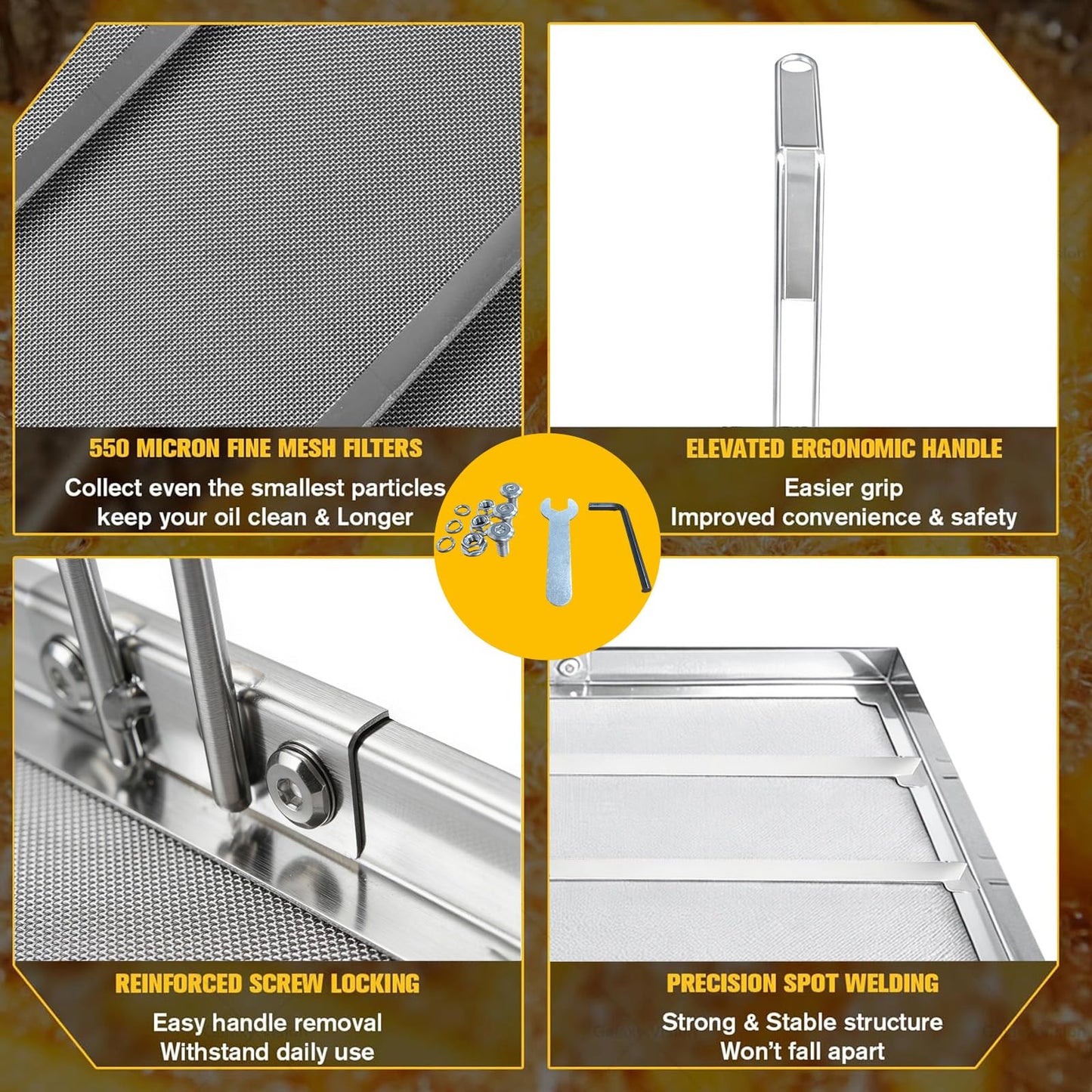 Upgraded AF45 Fryer Filter TK45 Commercial Deep Fryer Filter Strainer 13.75" x 13.75" 550 Micron 304 Stainless Steel, +20% Thickened, Extend Oil Life by 50%