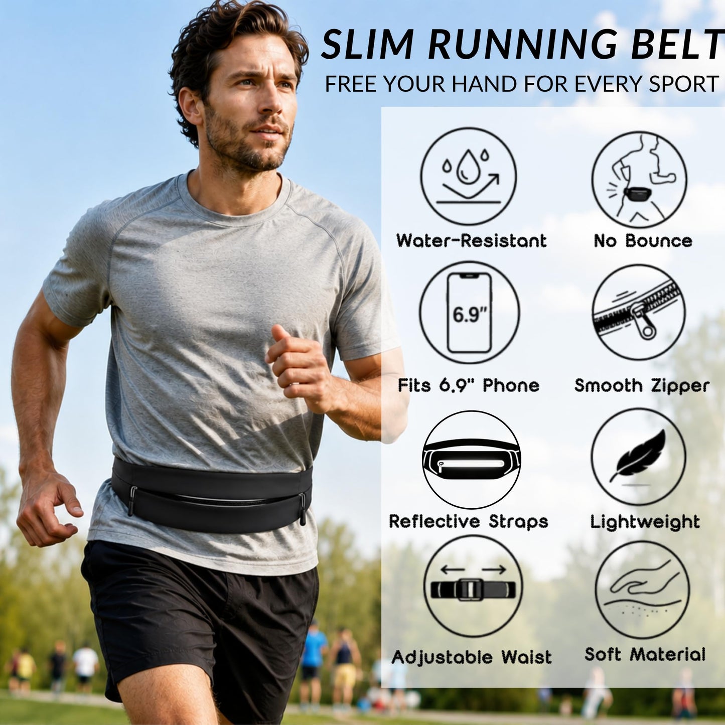Running Belt for Men Women, Water-resistant Fanny Pack with 3 Zipper Pockets & Reflective Safety Strips, Adjustable Waist Pack Jogging Pouch for Phone, Keys & Essentials (Black, Small)