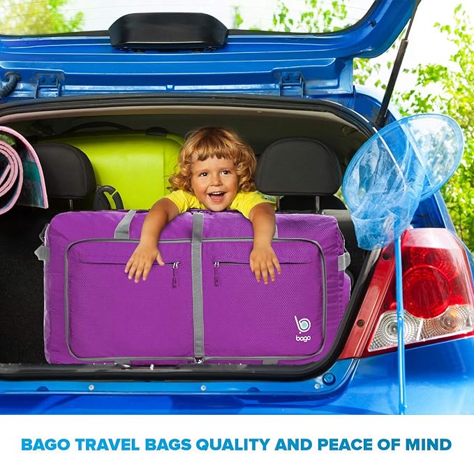 Bago Large Foldable Duffel Bags for Traveling Women & Men - 100L Packable Duffle Bag for Travel with Shoe Compartment - Water Repellant, Heavy Duty, Lightweight Folding & Collapsible (Purple)
