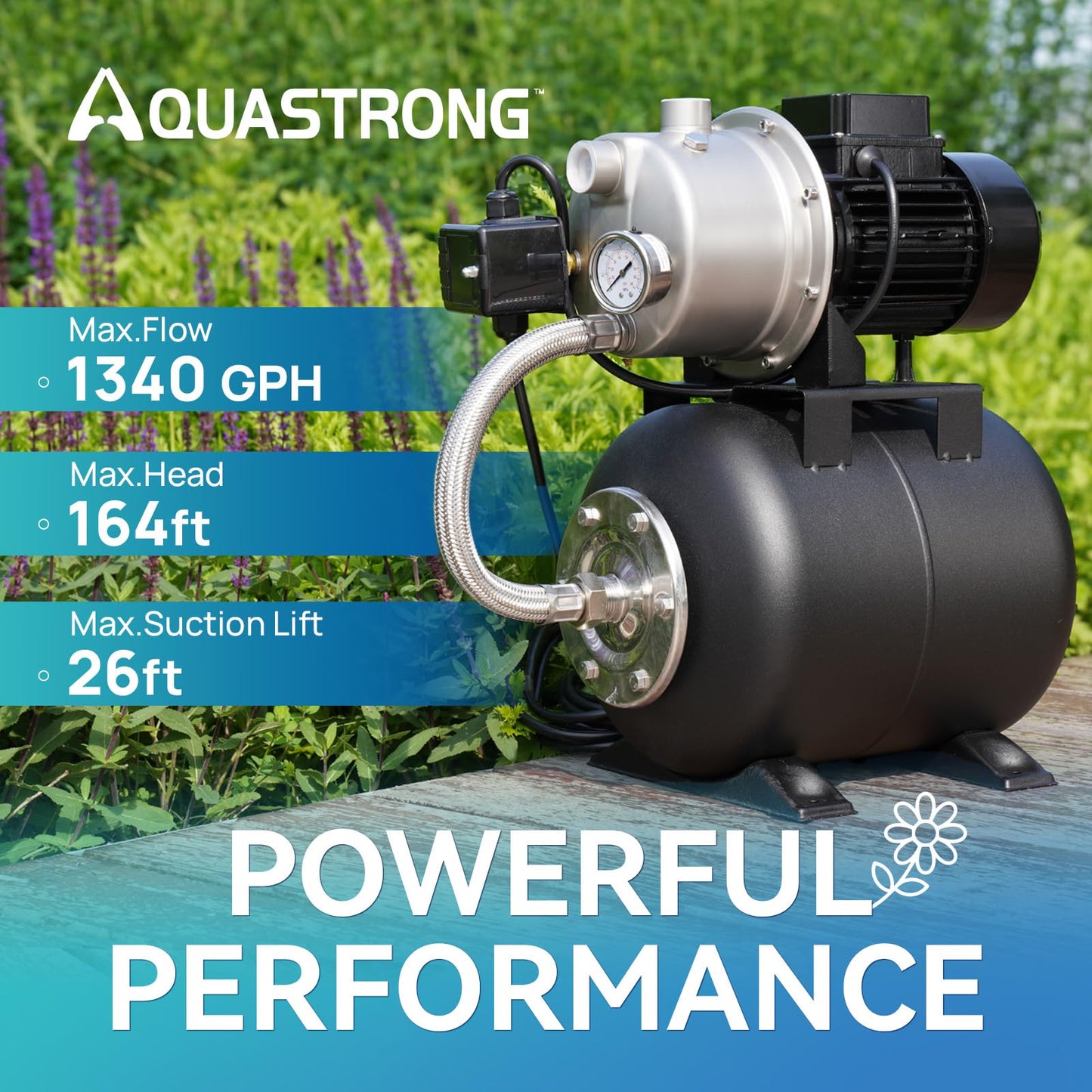 Aquastrong 115V Shallow Well Garden Pump, Stainless Steel, 1320 GPH, Automatic Water Booster Jet Pump for Home, Garden, Lawn,Irrigation,1.6 HP with Pressure Tank