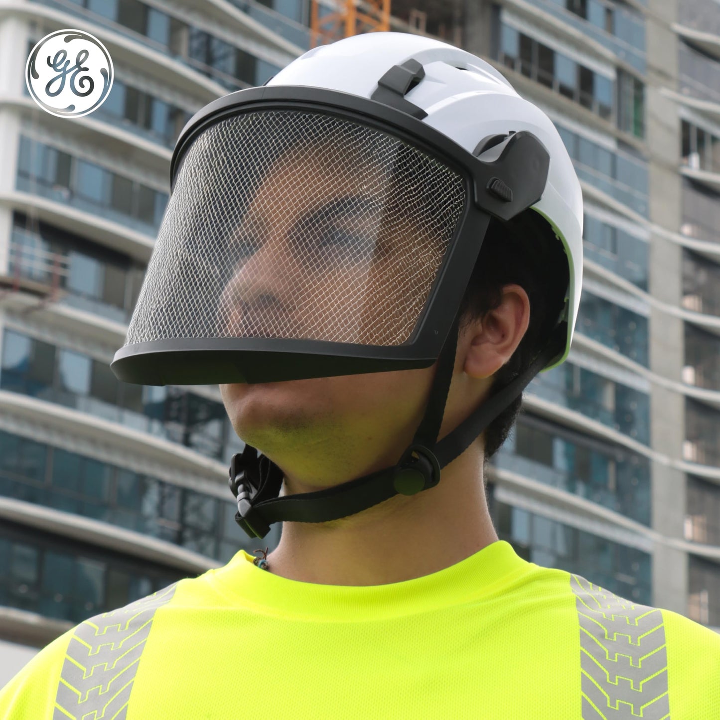 Complete Safety Gear Set: GE Safety Helmet, Full Face Mesh Visor Kit & Cap Mounted Earmuff – Impact Protection | Noise Reduction | Enhanced Comfort for Construction and Industrial Work. (White)